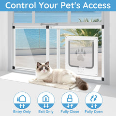 La puerta gato Yoochee muestra instalación rápida sin herramientas para ventanas verticales.