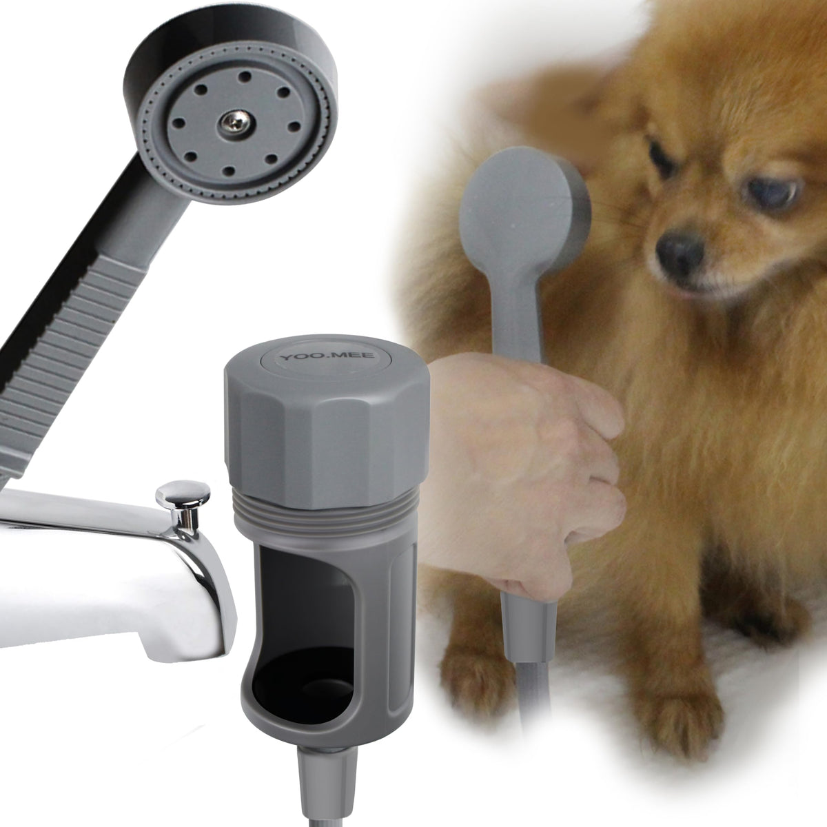 YOO.MEE accesorio ducha para mascotas con desviador frontal, facilita baños seguros.