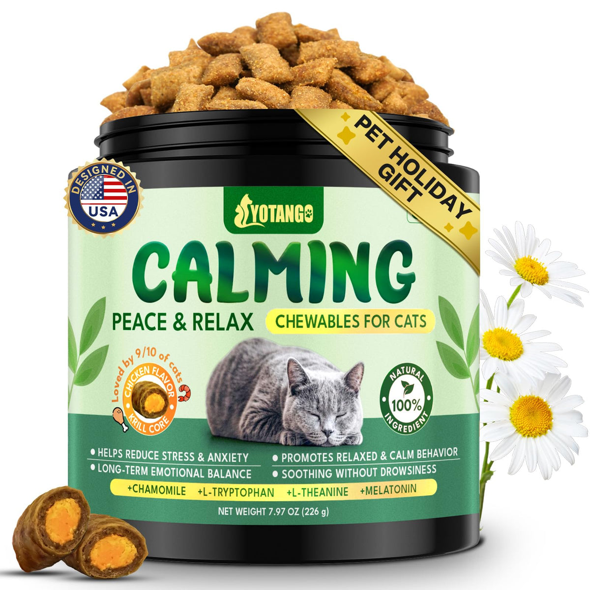 Golosinas calmantes YOTANGO para gatos, sabor pollo crujiente, ideal para momentos estresantes.