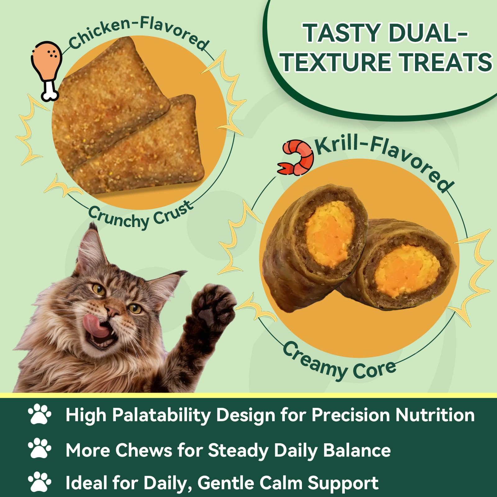 Núcleo con sabor a krill y exterior crujiente para gatos curiosos.