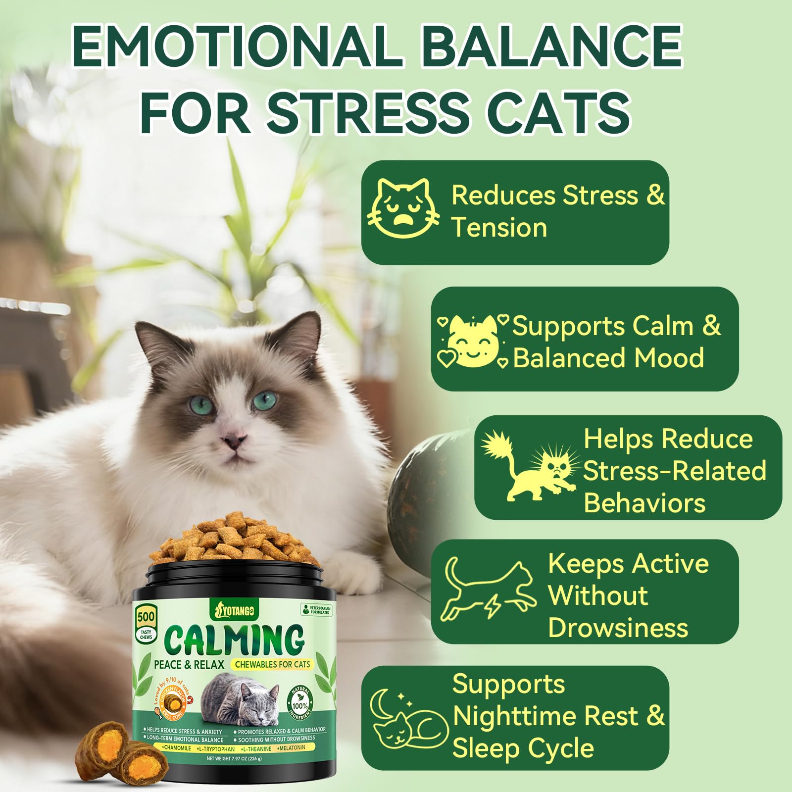 Snack calmante YOTANGO, sabor pollo, pensado para gatos sensibles y tranquilos.