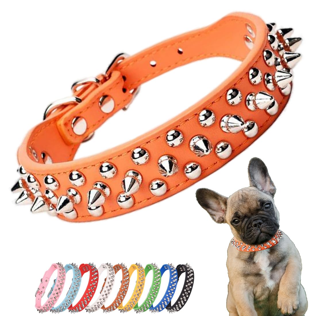 YOUALSO collar-perro-tachuelas-naranja primer plano muestra la suavidad del PU para el cuello.