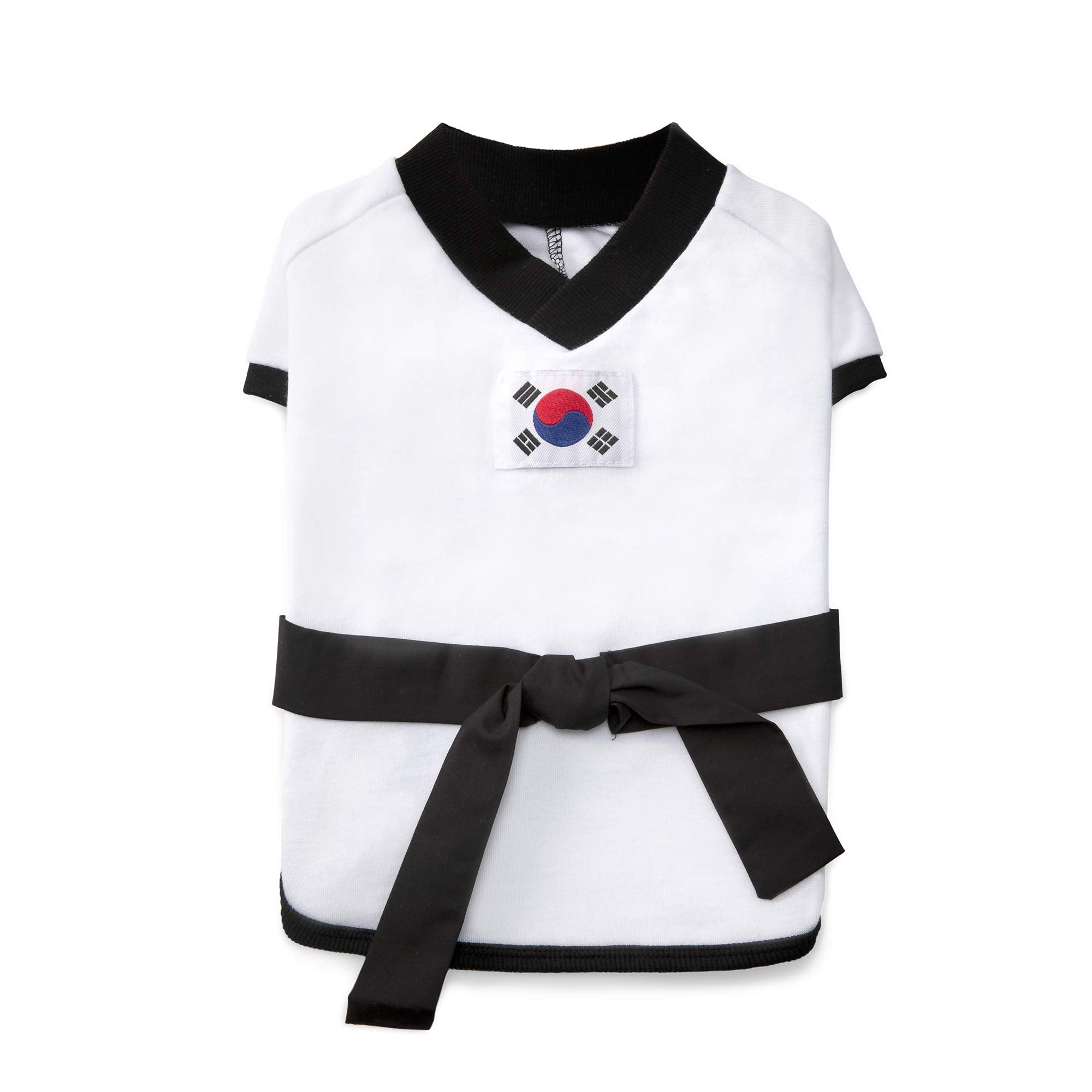 YOUTHDOG uniforme taekwondo con cinturón negro, espalda, muestra elegancia en desfiles caninos.