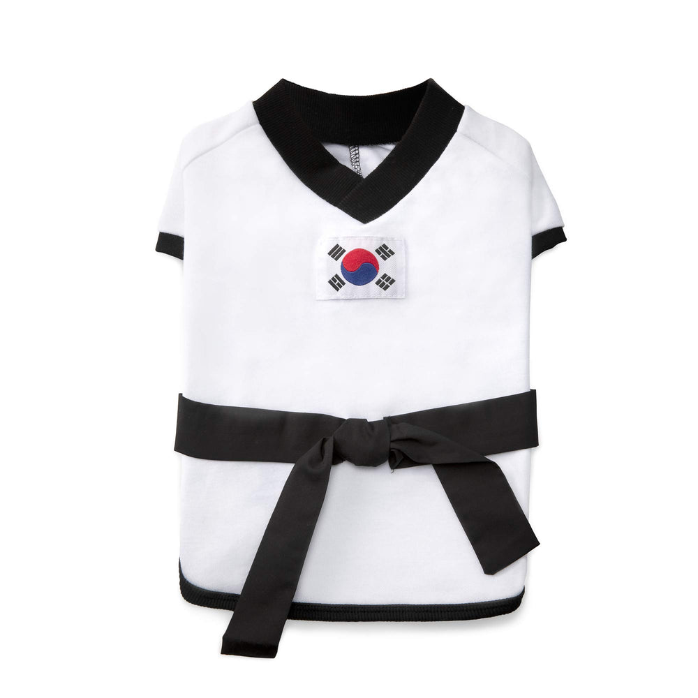 YOUTHDOG uniforme taekwondo con cinturón negro, espalda, muestra elegancia en desfiles caninos.
