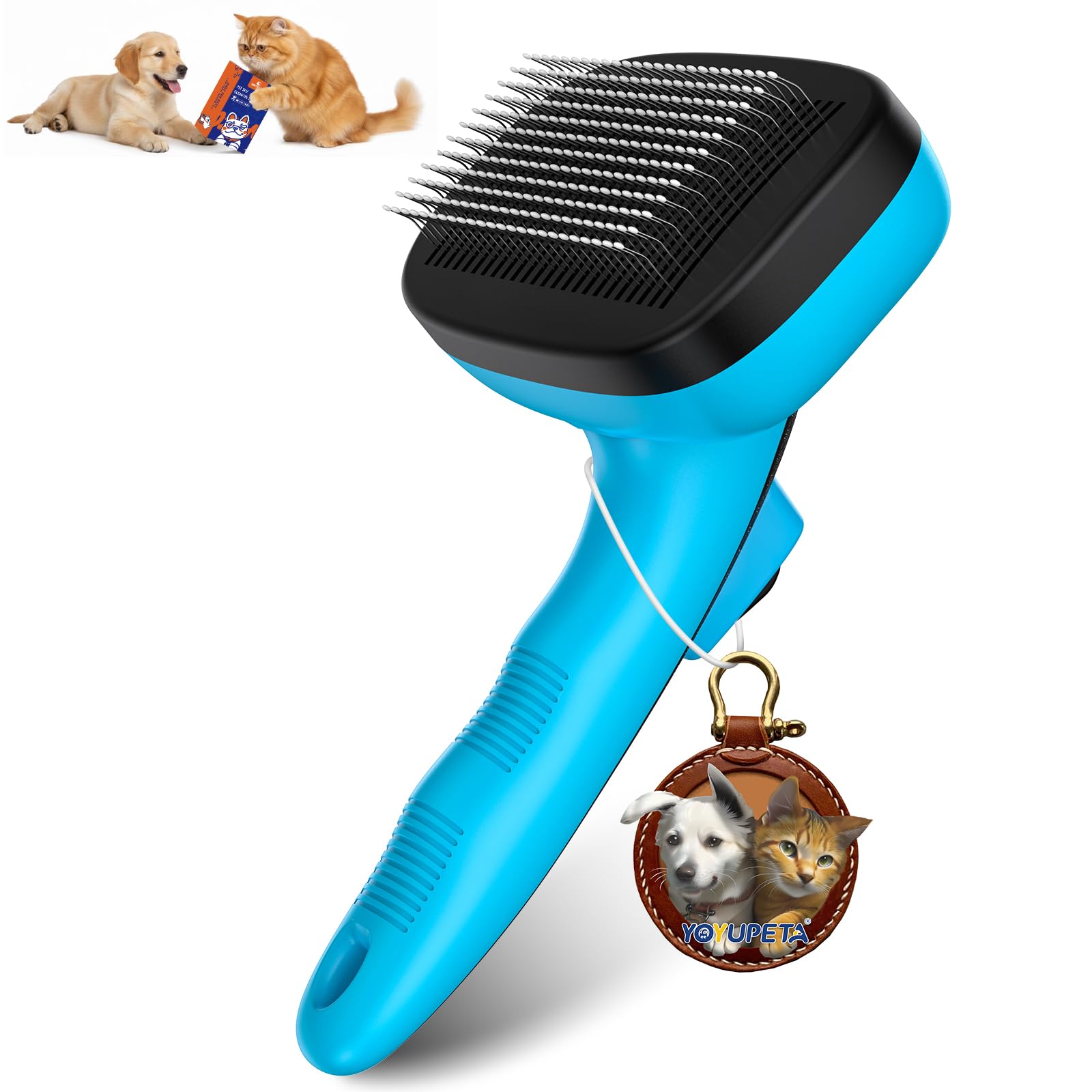 YOYUPETA cepillo auto-limpiante para perros azul; enfoque frontal, elimina pelos sueltos de forma eficiente.