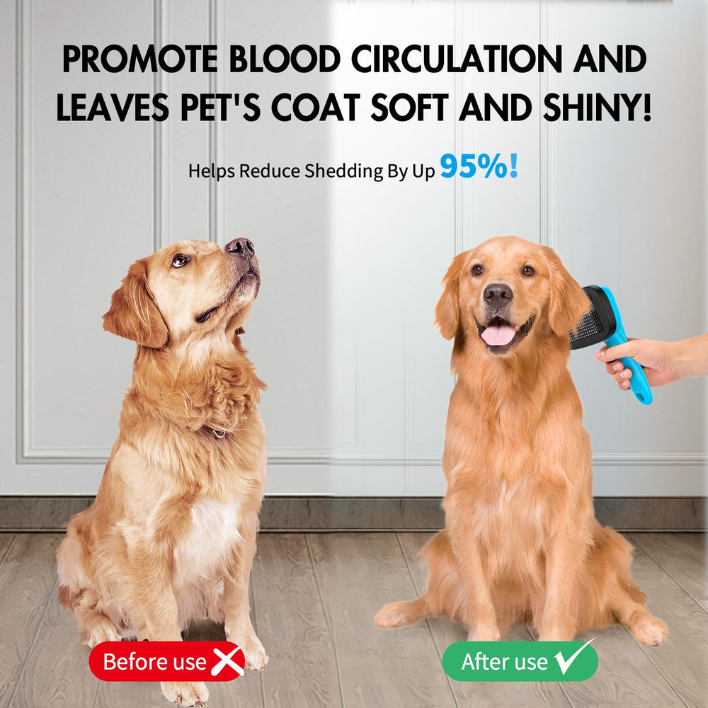 YOYUPETA cepillo auto-limpiante para perros azul; cerdas con recubrimiento suave cuidan la piel sensible.