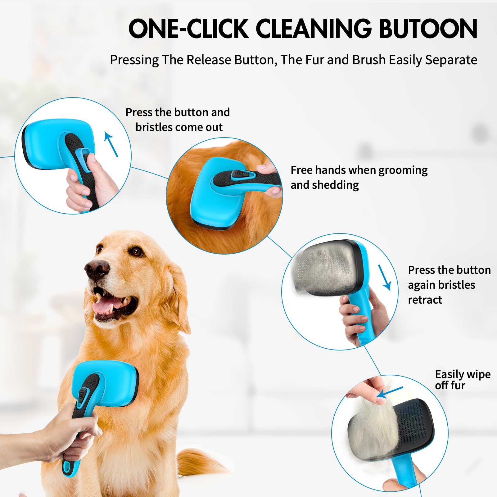 YOYUPETA cepillo auto-limpiante para perros azul; mango ergonómico para sesiones cómodas.