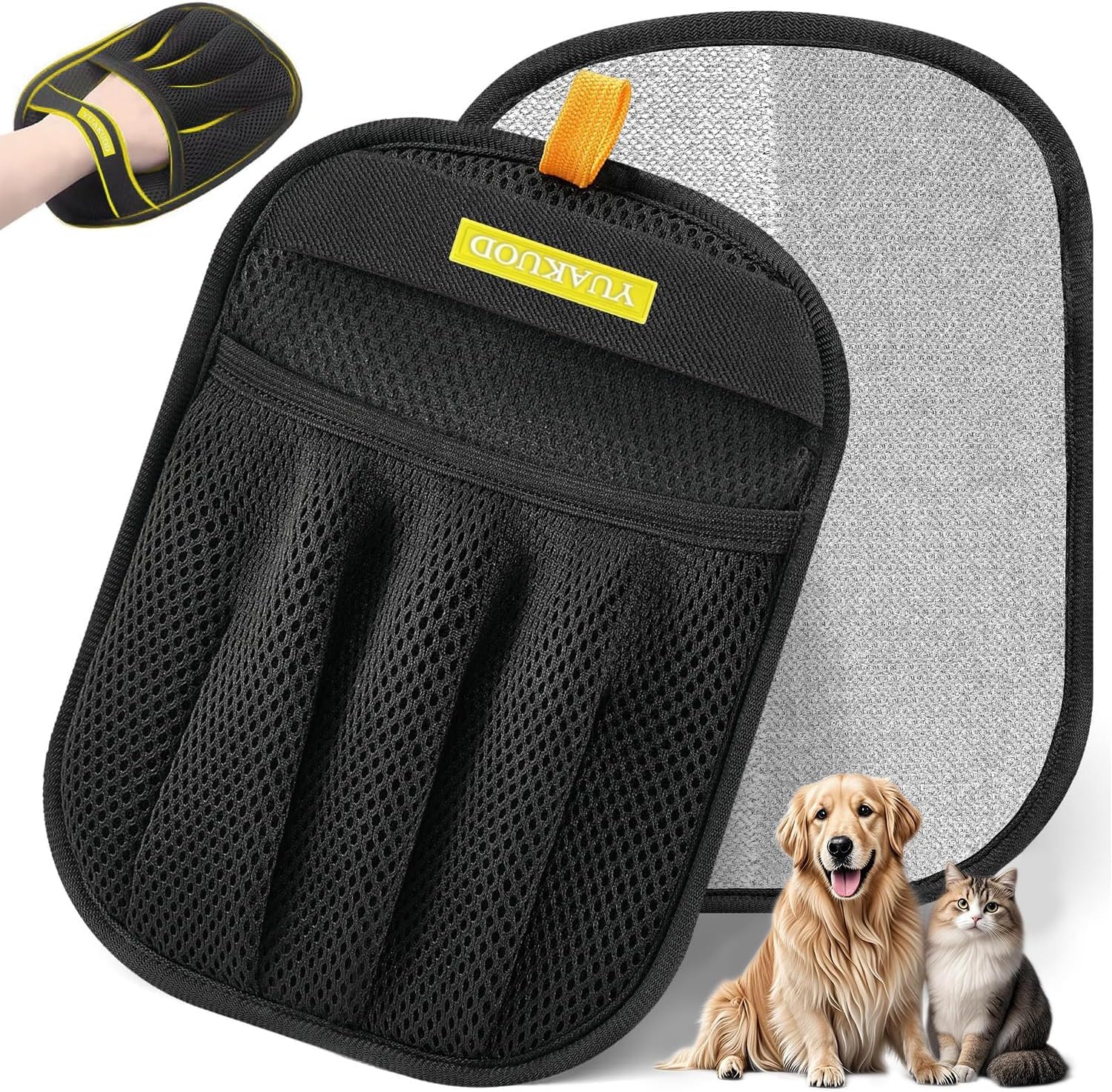 GUante YUAKUOD quitapelaje para mascotas, vista frontal, agarre seguro para limpieza eficiente.