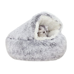 Cama YUDANSI con capucha gris para gatos, descanso cómodo y seguro.