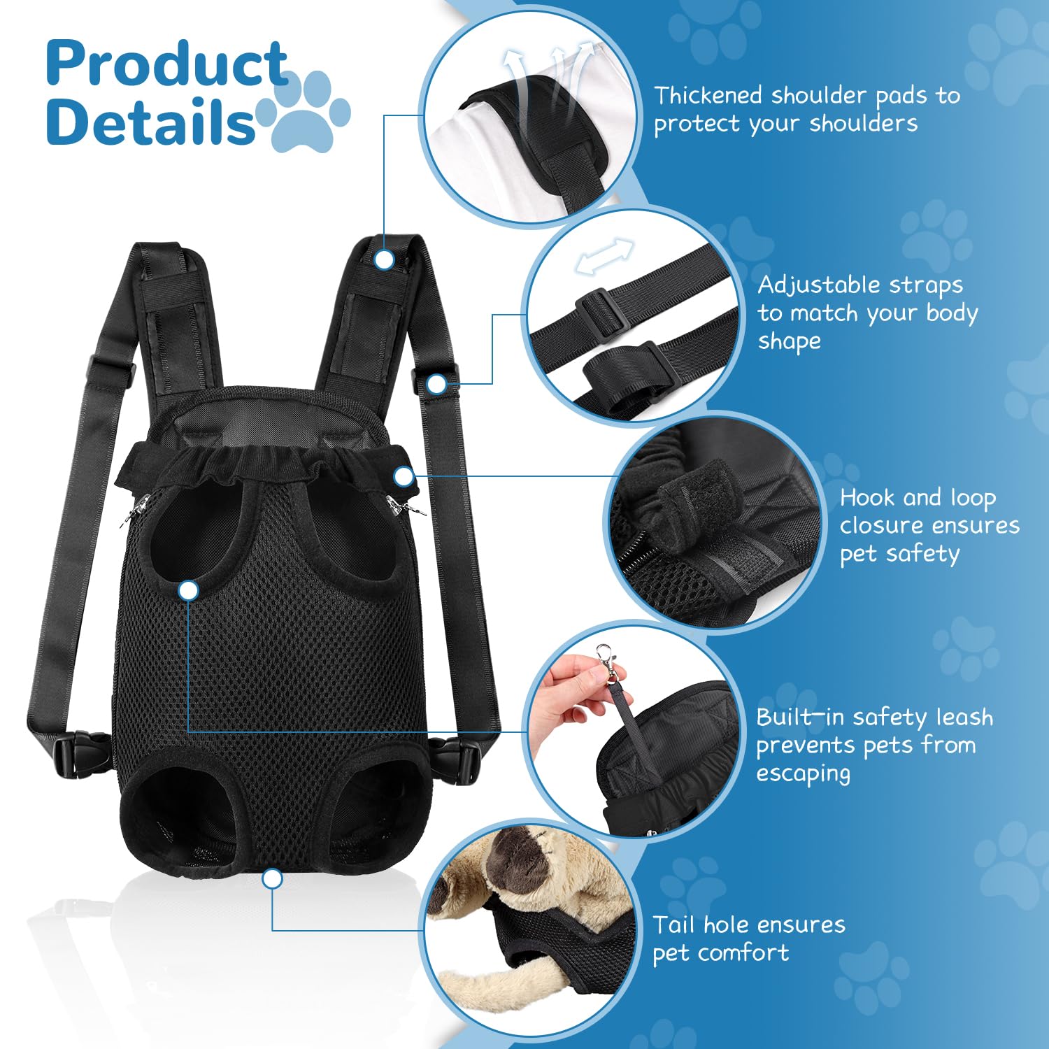 YUDODO Mochila frontal, correas ajustables, soporte cómodo para mascotas.