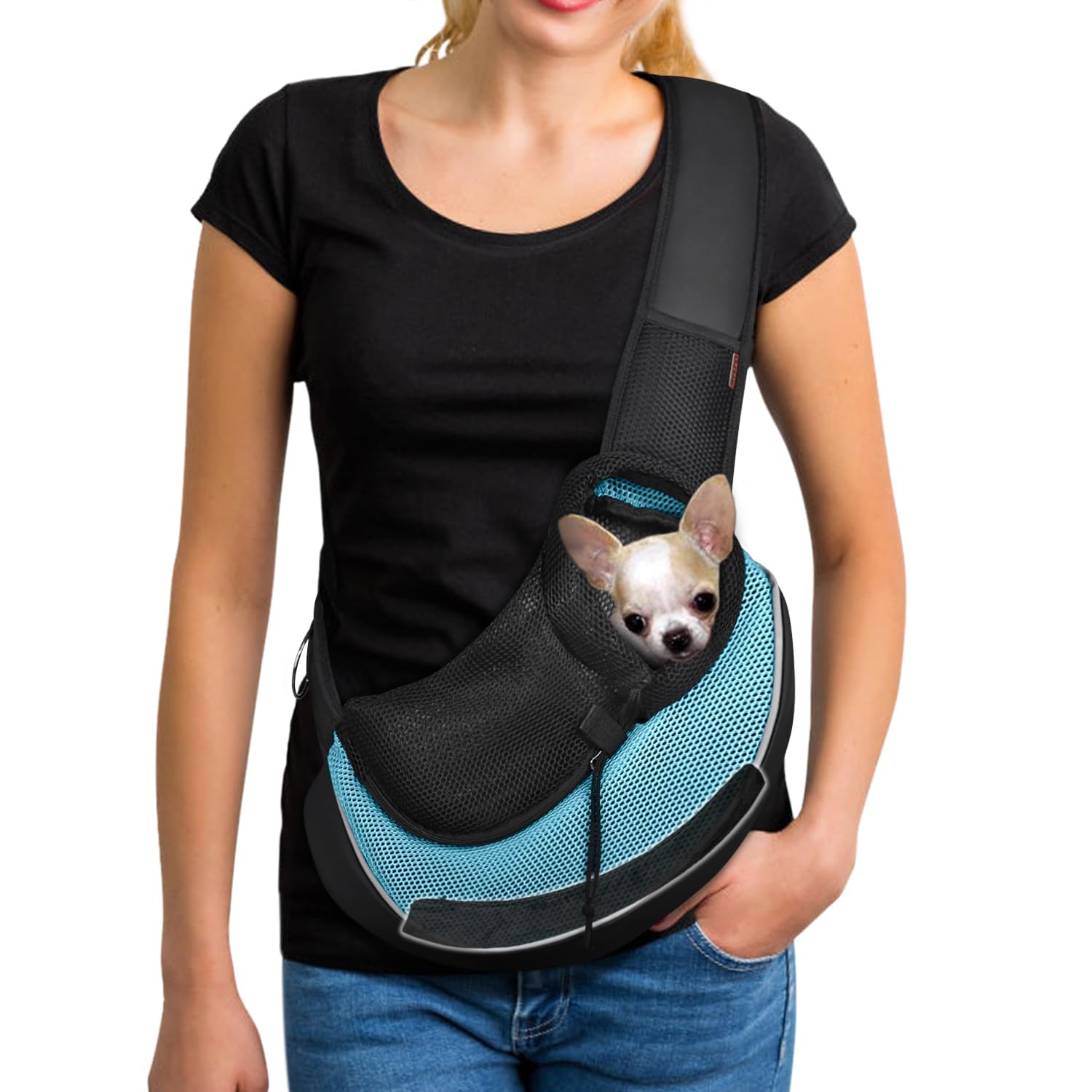 Portador bandolera YUDODO para perros y gatos pequeños en color cian, cómodo y manos libres.