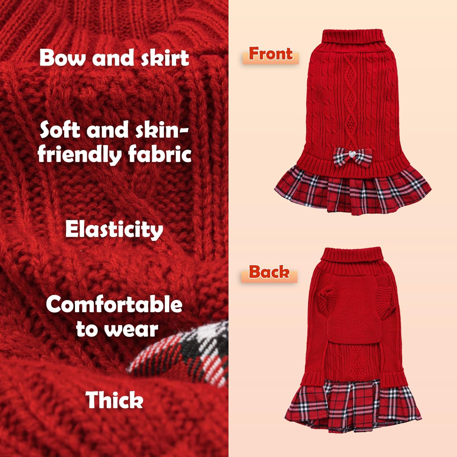 YUDODO suéter-vestido para perro pequeño, lazo rojo, cómodo para paseos diarios.