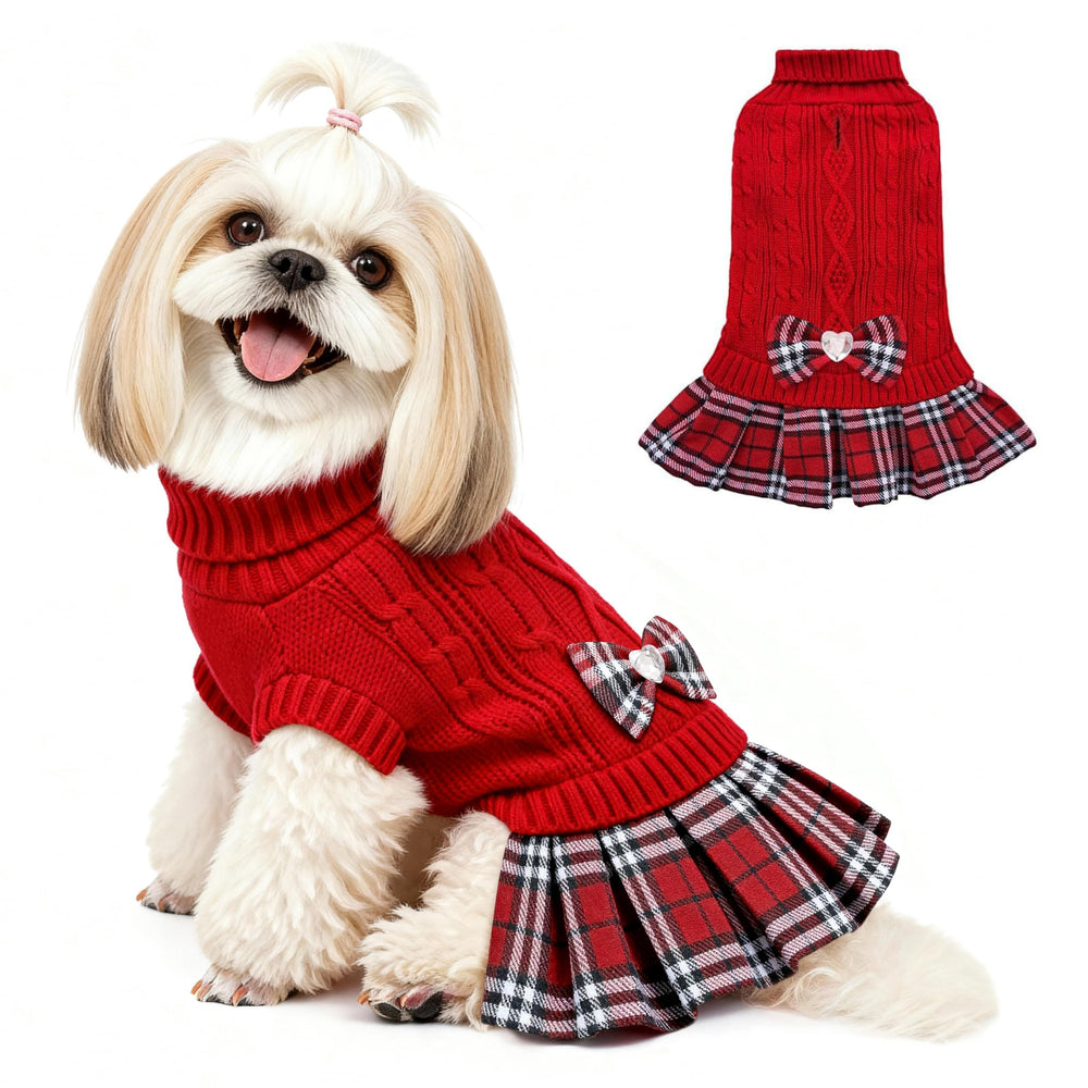 YUDODO suéter-vestido para perro pequeño con lazo rojo, ideal para salidas invernales.