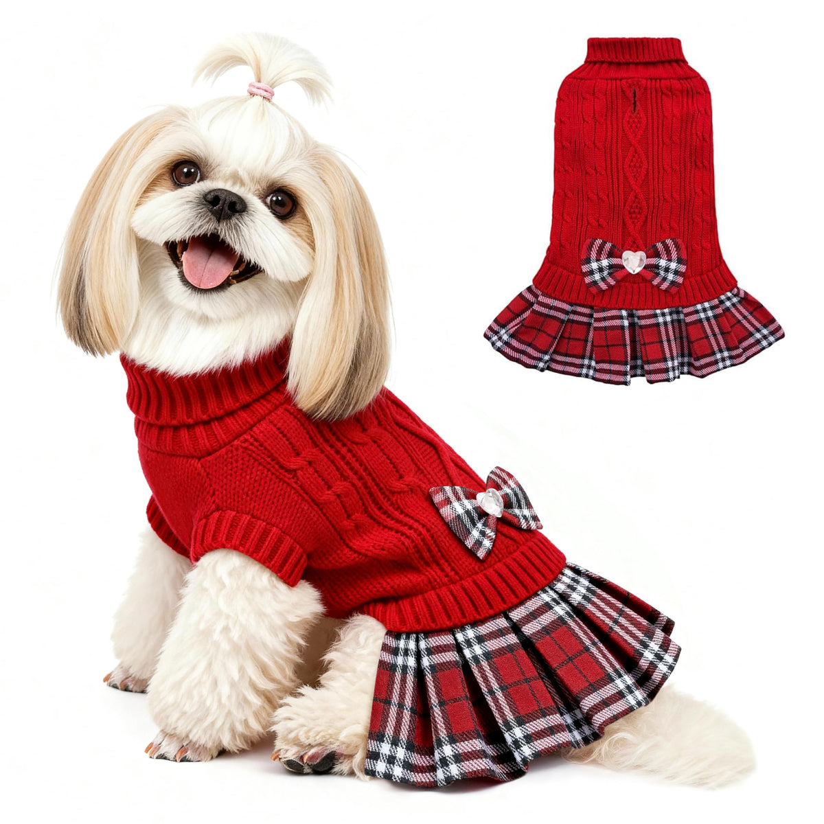 YUDODO suéter-vestido para perro pequeño con lazo rojo, ideal para salidas invernales.
