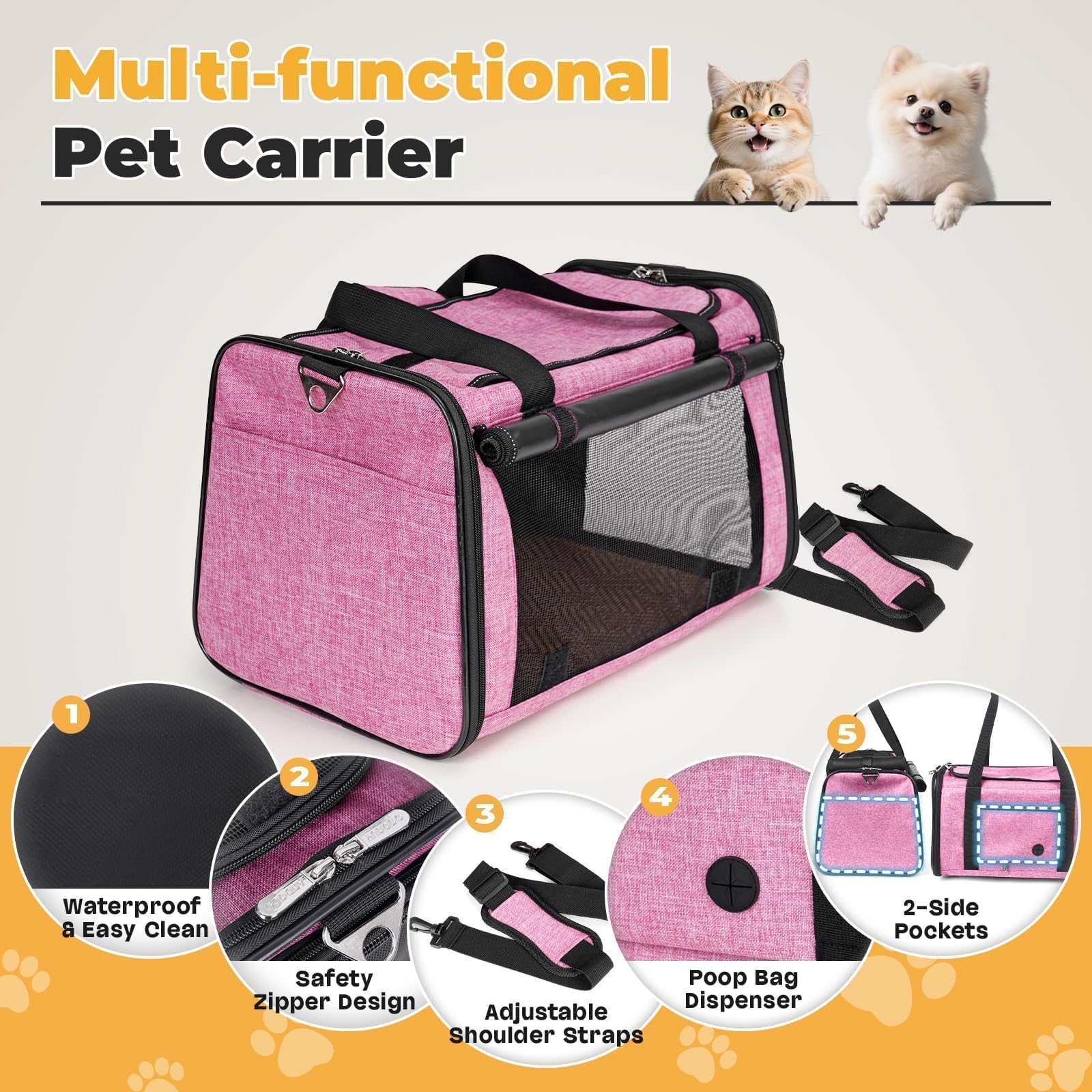 Entrada superior del transportín YUDODO rosa para colocar a tu mascota con seguridad