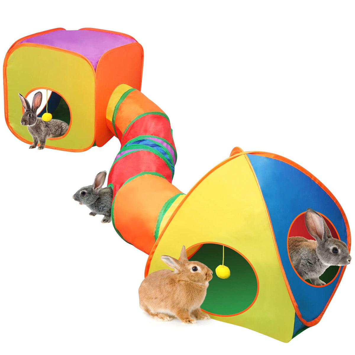 YUEPET túnel para conejo arcoíris, estimula exploración y juego activo.