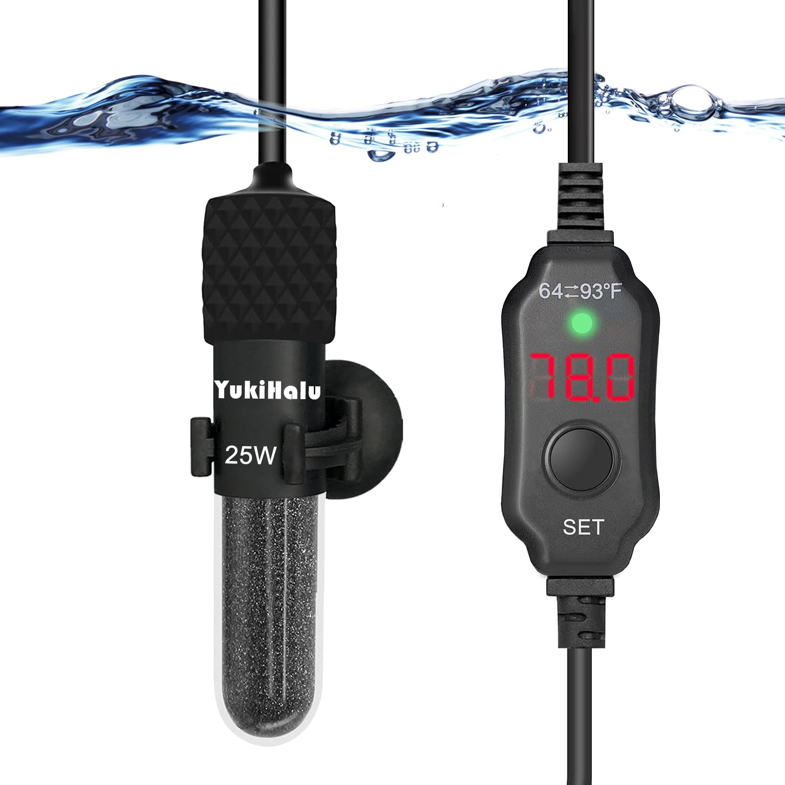 Calentador Yukihalu 25W para acuarios 1–5 galones mantiene temperatura estable.
