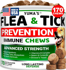 Tabletas YUMA'S para perros en caja, previenen garrapatas de forma natural y conveniente.
