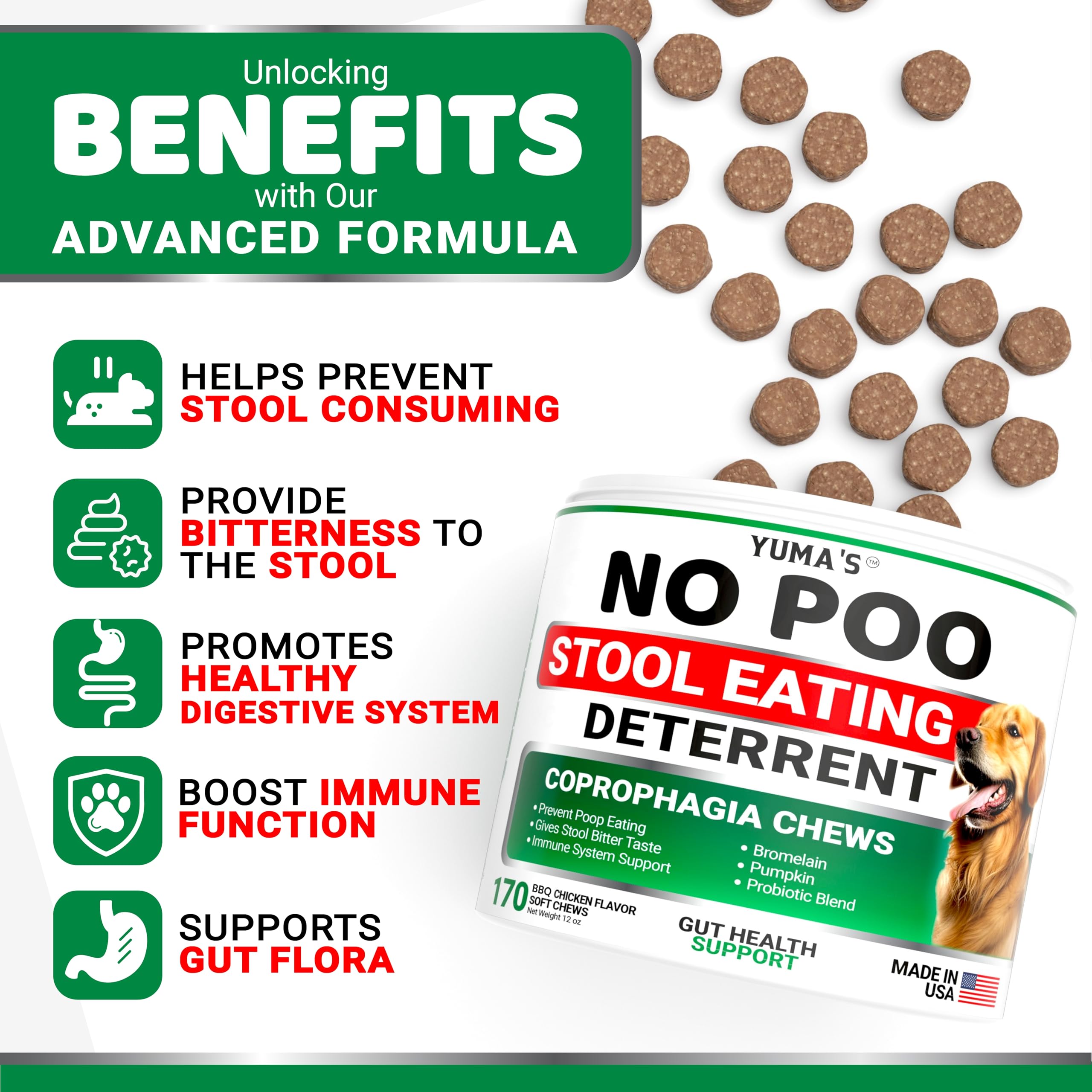 YUMA'S Deterrentes masticables para perros con textura sabrosa, apoyo digestivo.