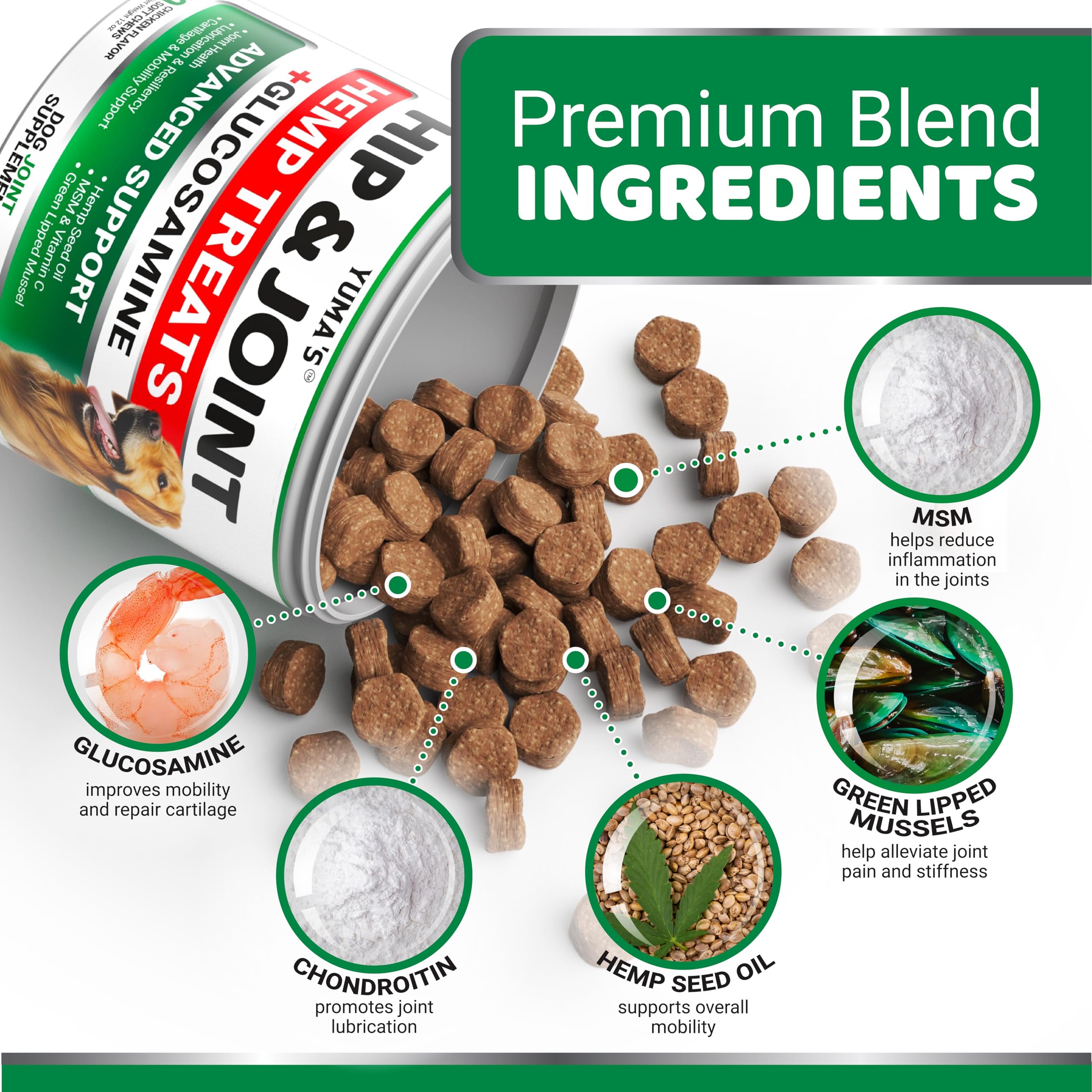 YUMA'S Glucosamina y condroitina para perros, ayuda a mantener la flexibilidad articular.