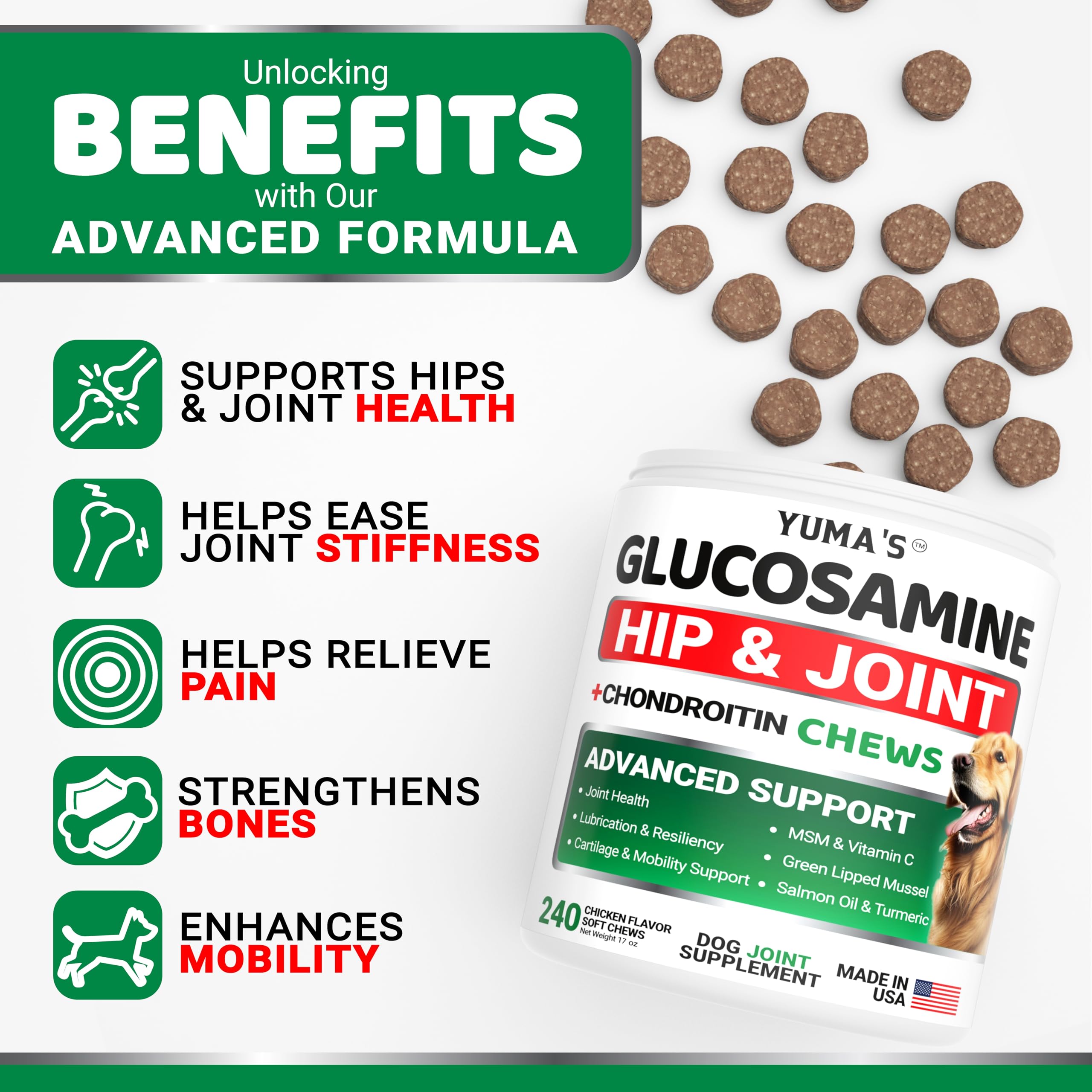 YUMA'S Glucosamina para perros, perro en movimiento con mayor flexibilidad.