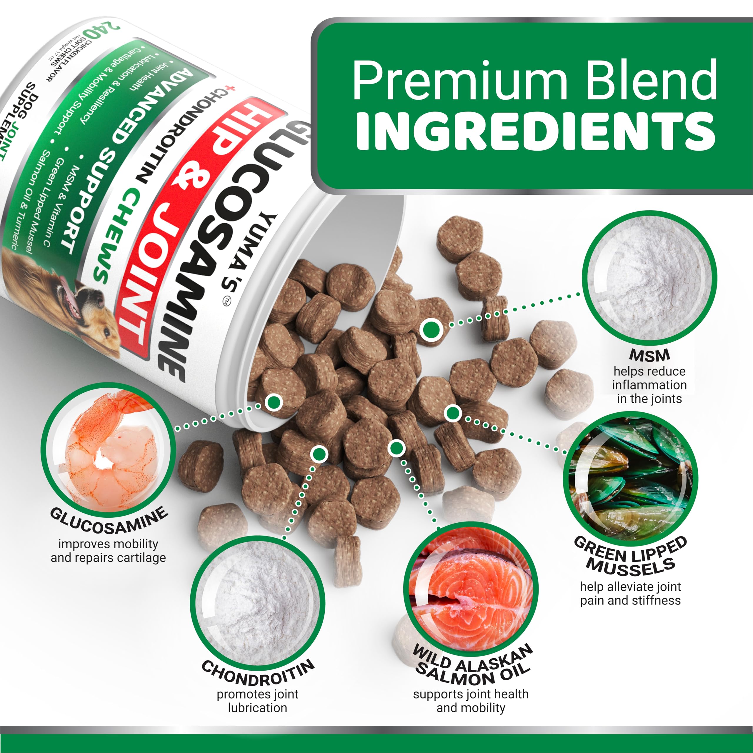 YUMA'S Glucosamina para perros, etiqueta de calidad y seguridad.