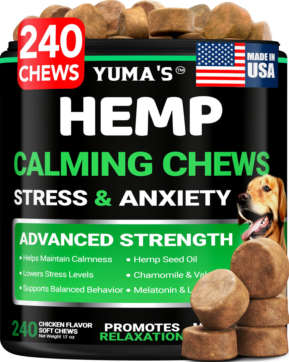 YUMA'S masticables calma perros, presentación en empaque, favorece la tranquilidad diaria.