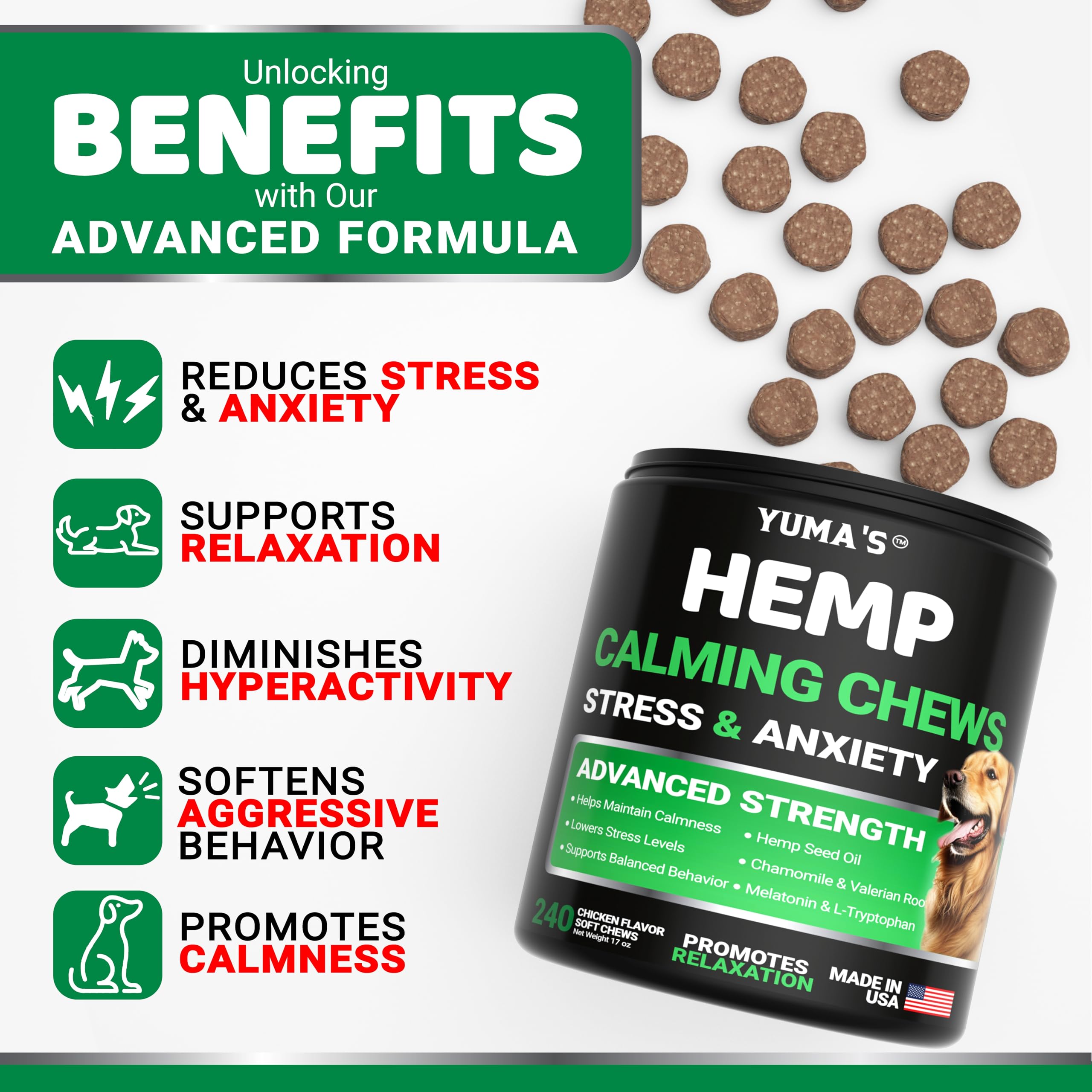 YUMA'S masticables calma perros, primer plano de textura suave para perros inquietos.