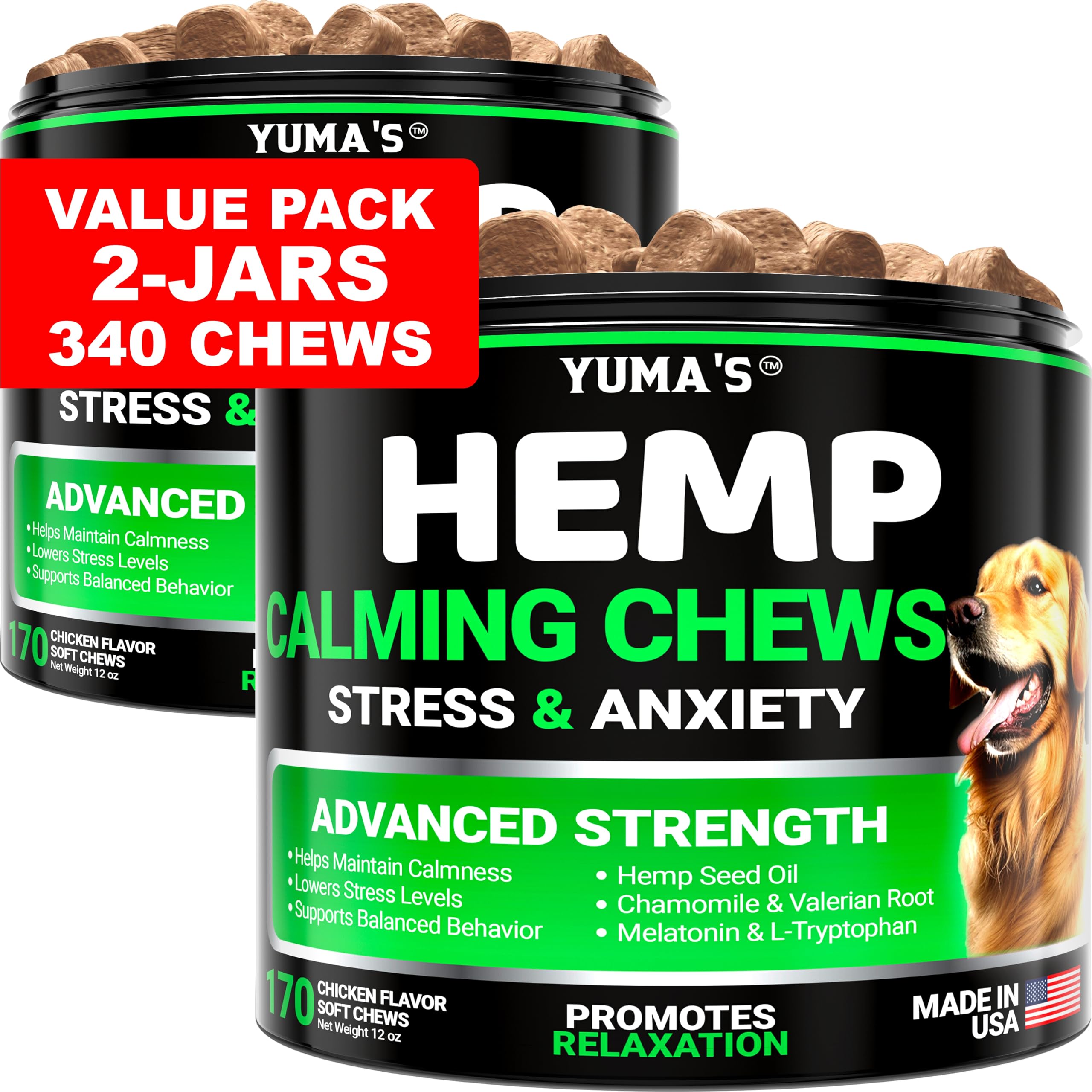 YUMA'S masticables calmantes para perros en botella, dos paquetes para uso diario.