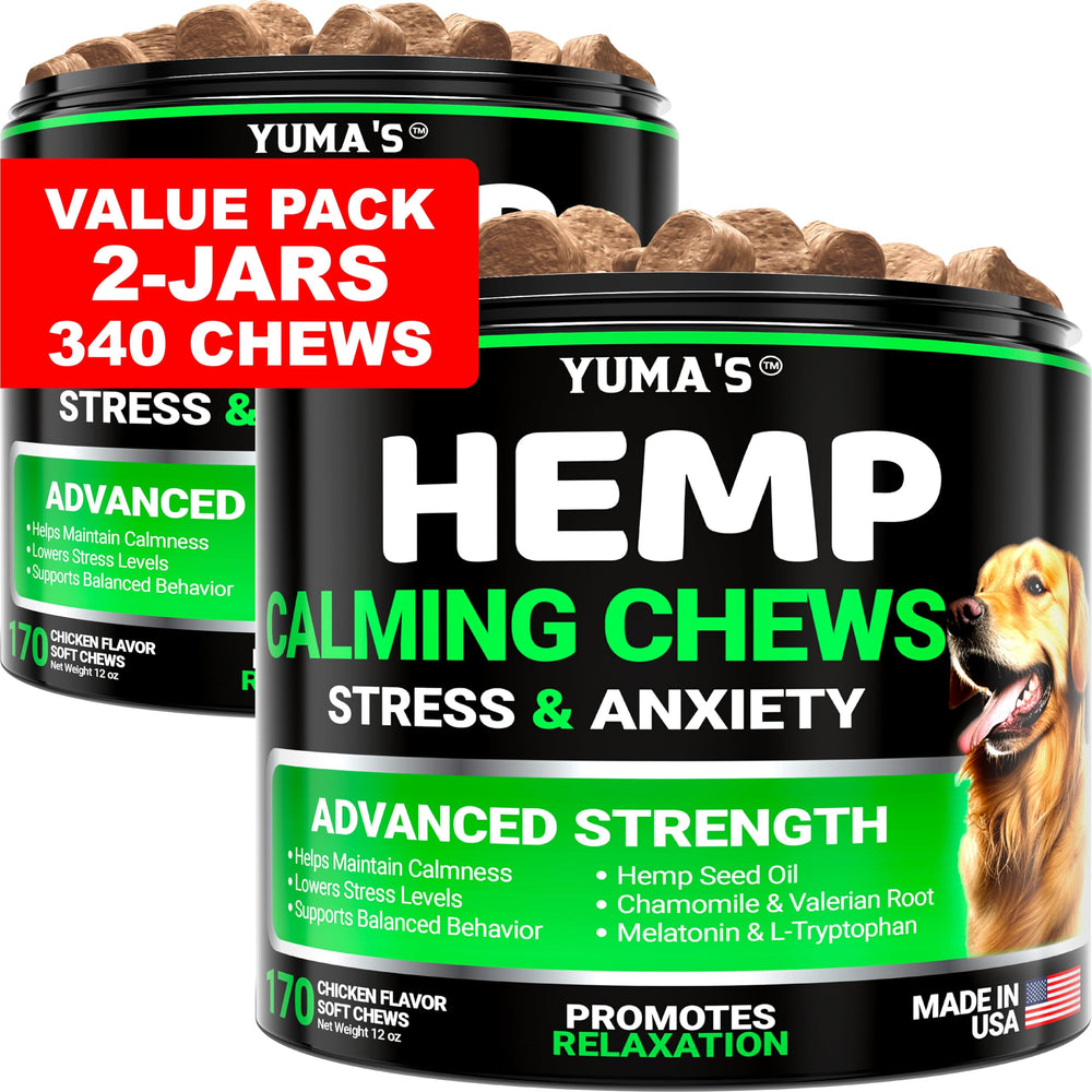 YUMA'S masticables calmantes para perros en botella, dos paquetes para uso diario.