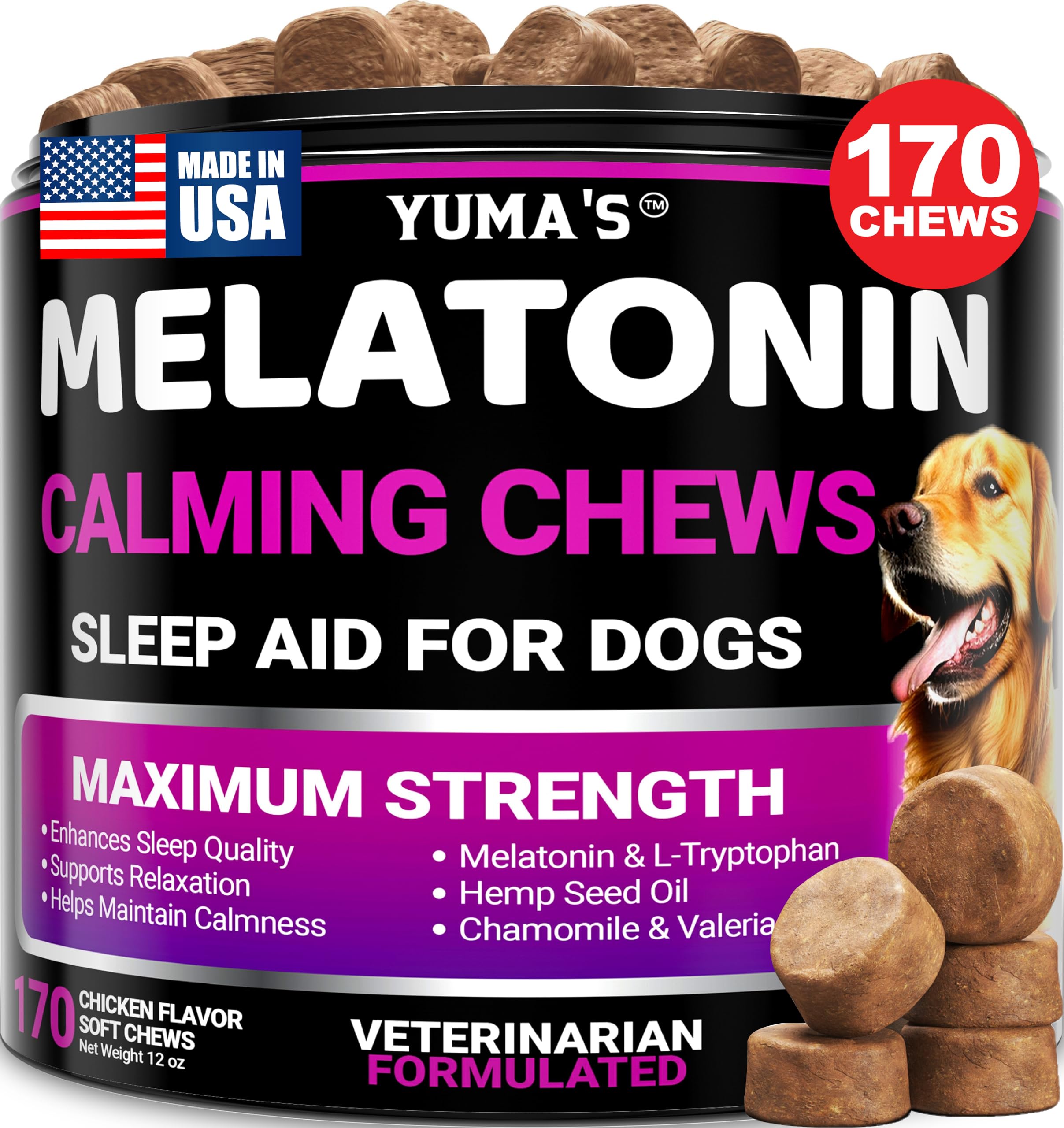 YUMA'S Melatonina para perros, botella visible, posible apoyo a la calma.