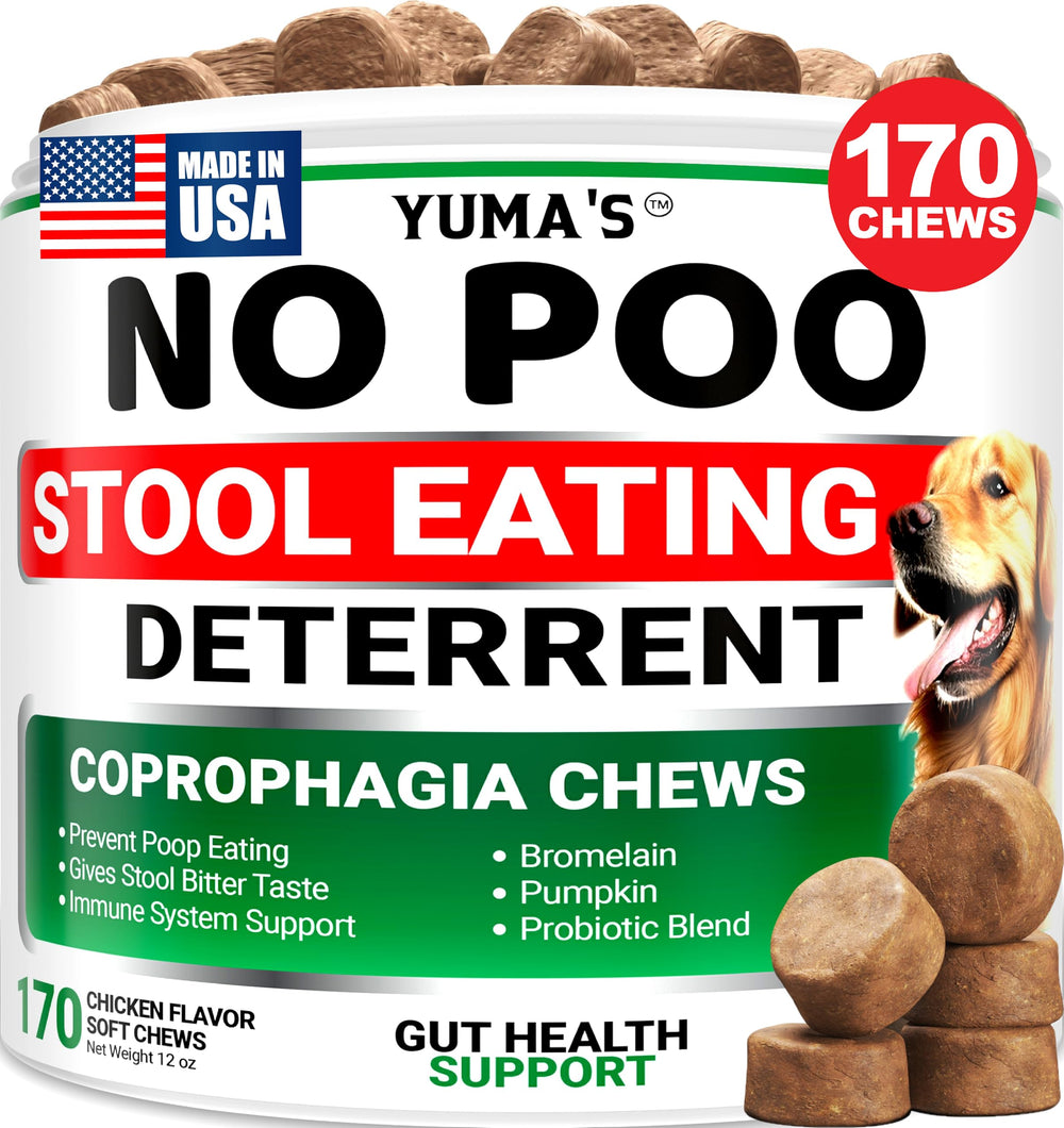 YUMA'S No Poo Chews en envase para perros, mejora entorno y hábitos