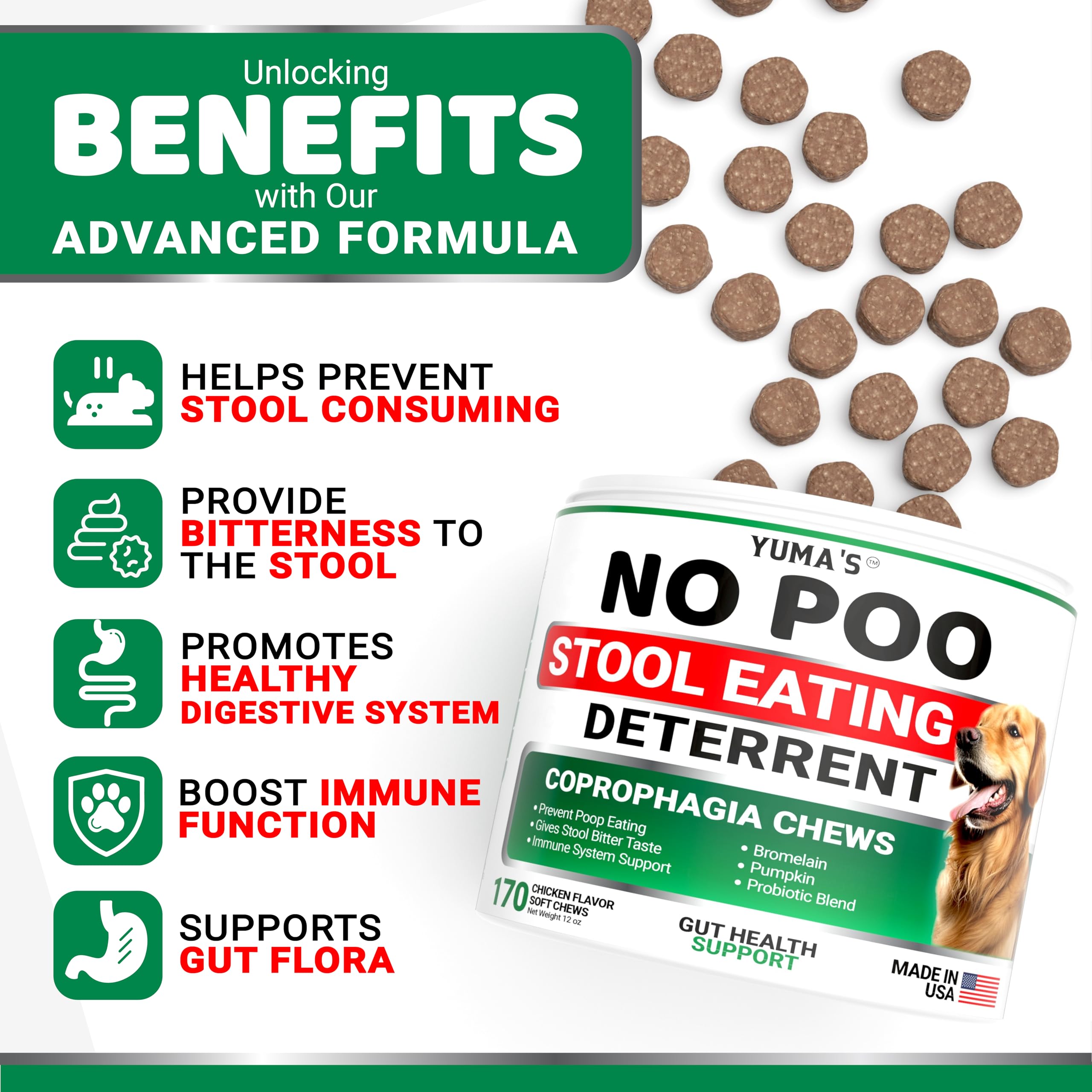 YUMA'S No Poo Chews con probióticos para digestión equilibrada