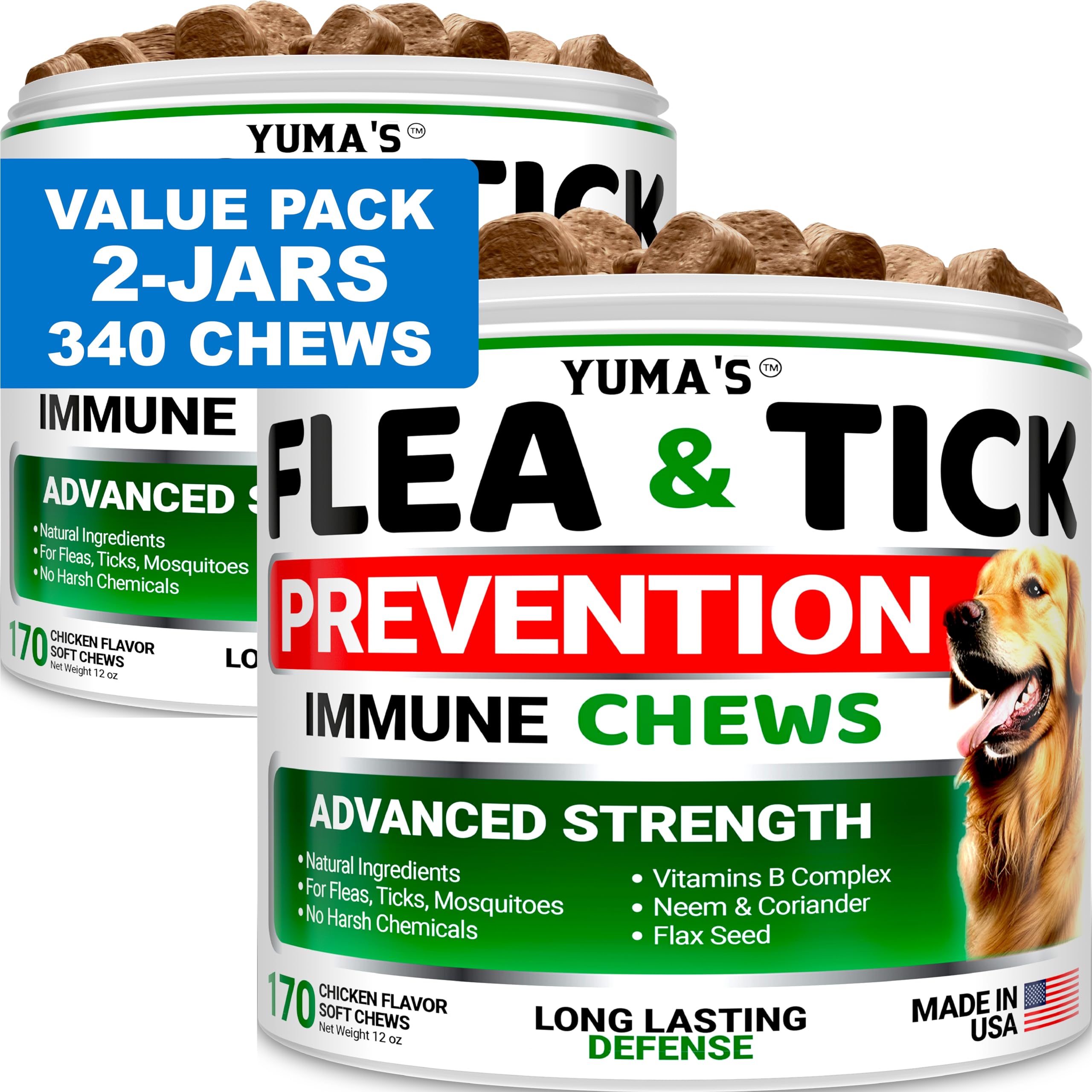 YUMA'S pack de 2 chuchables para perros, protección natural contra pulgas y garrapatas.