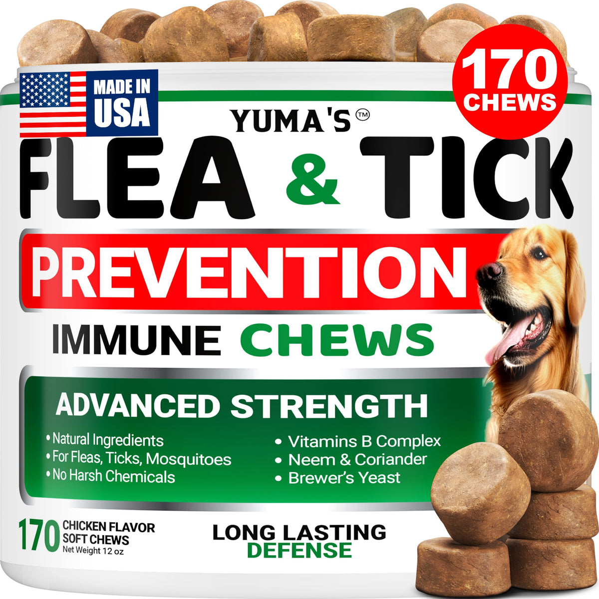 YUMA'S pastillas antipulgas y garrapatas para perros, protección diaria segura.