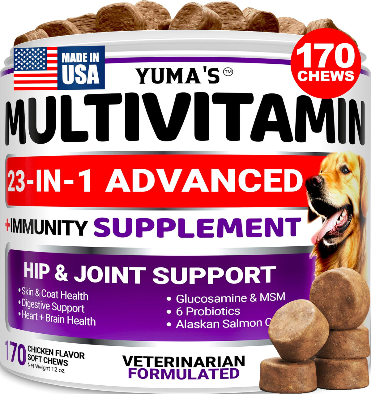 YUMA'S multivitamínicas para perro en gomitas dentro de un bote, nutrición diaria.