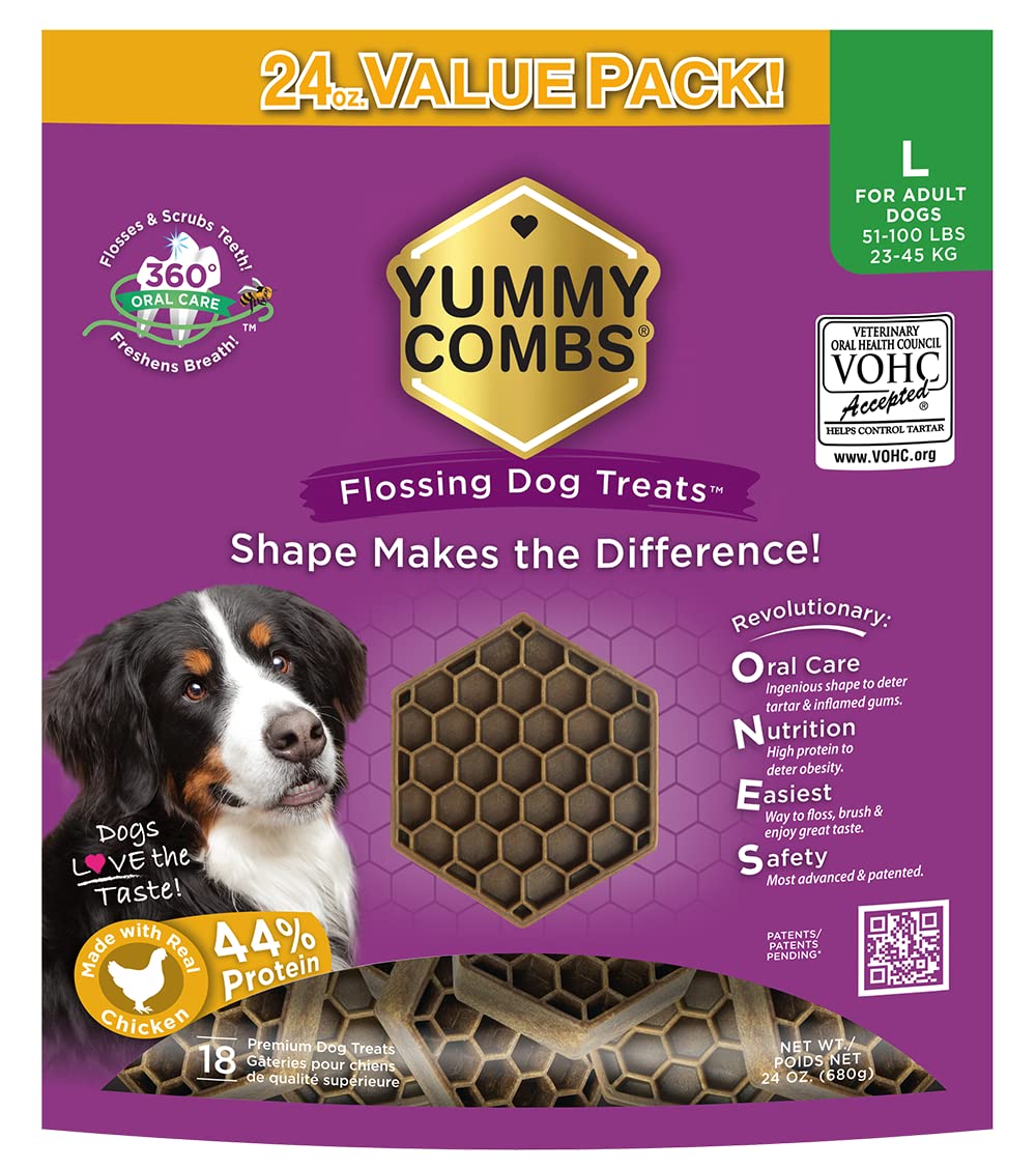 Envase frontal de Yummy Combs, snack dental que apoya la limpieza dental.