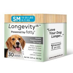 Yummy Combs Longevity15, botella, posible apoyo a la salud general de perros pequeños.