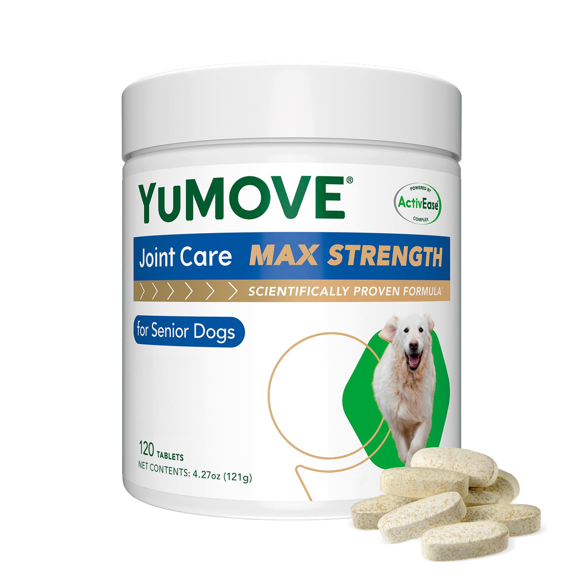 YuMOVE: botella de comprimidos articulares para perros mayores que buscan movilidad.