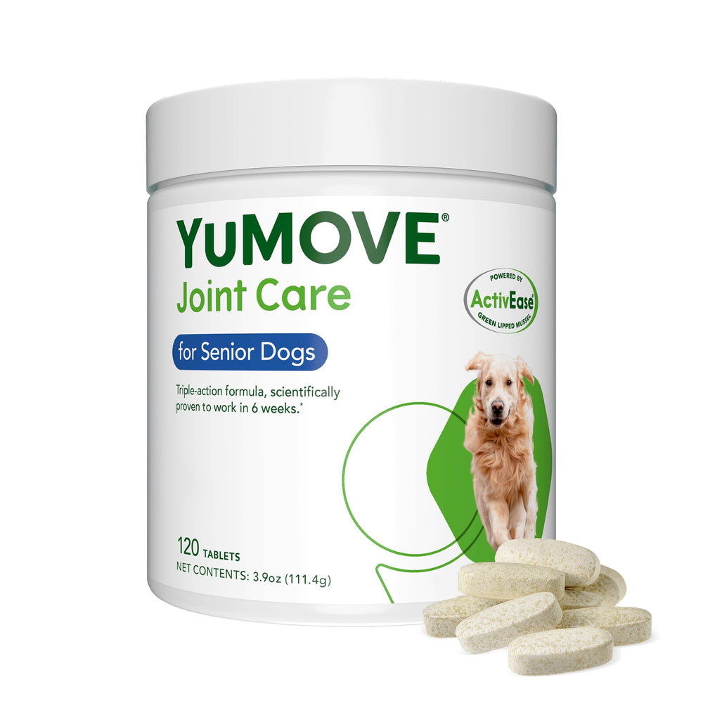 YuMOVE frasco frontal: apoyo a articulaciones caninas diariamente.