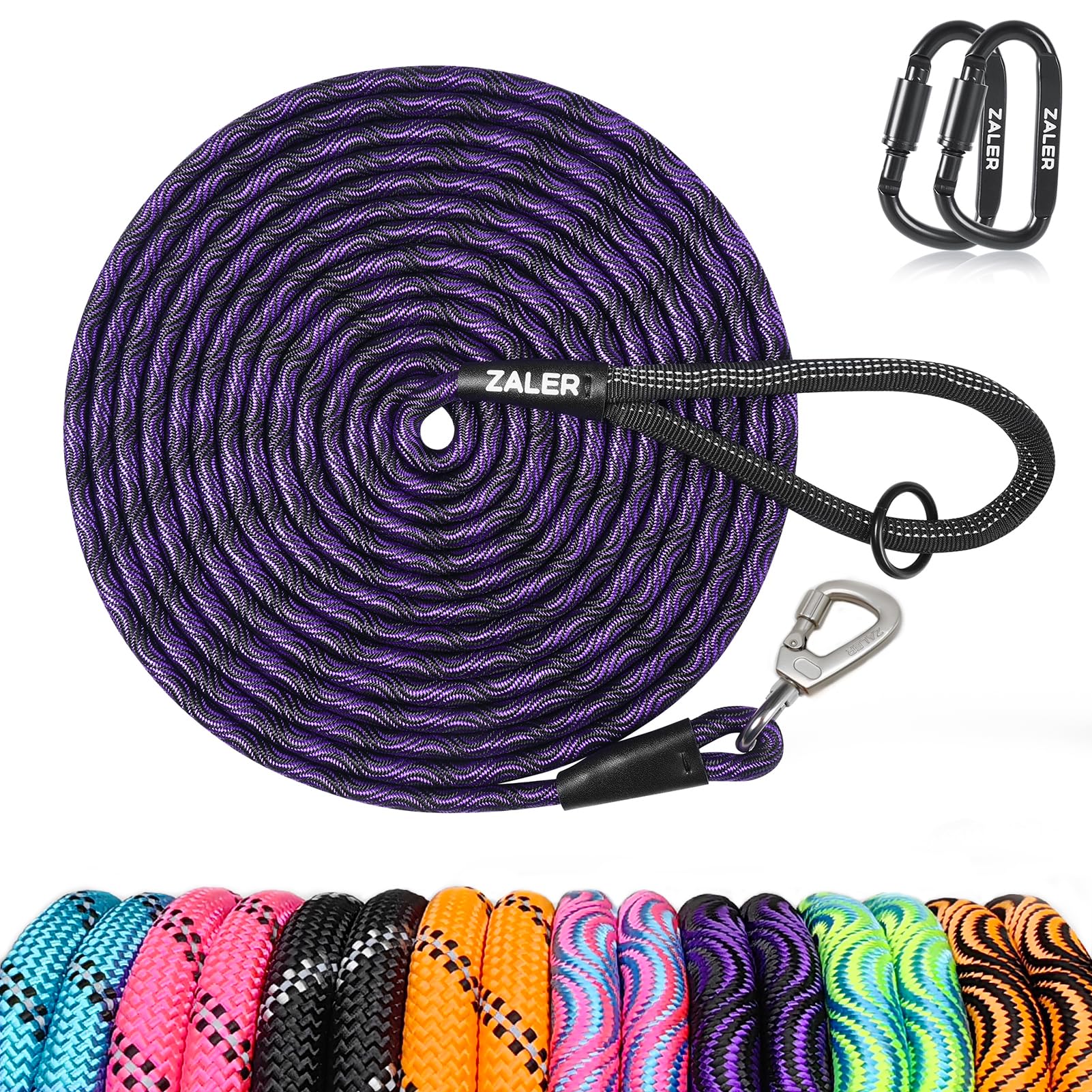 Correa ZALER de 50 pies en negro y púrpura, ideal para entrenamiento y juego al aire libre.