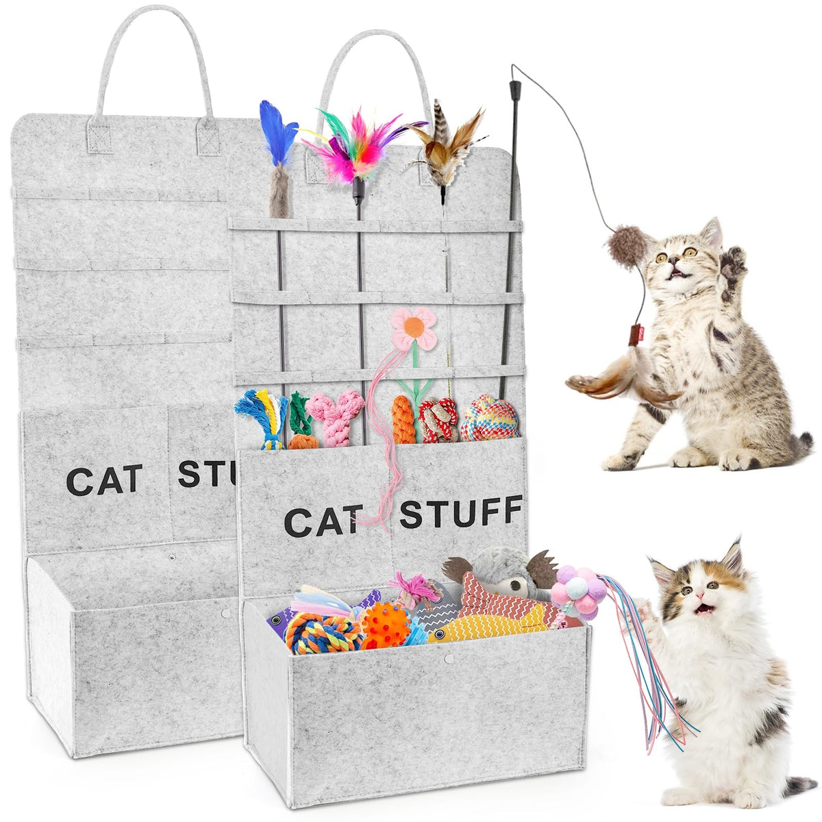 Bolsa ZAVOOS para juguetes de gato con varitas colgantes, ayuda a ordenar.