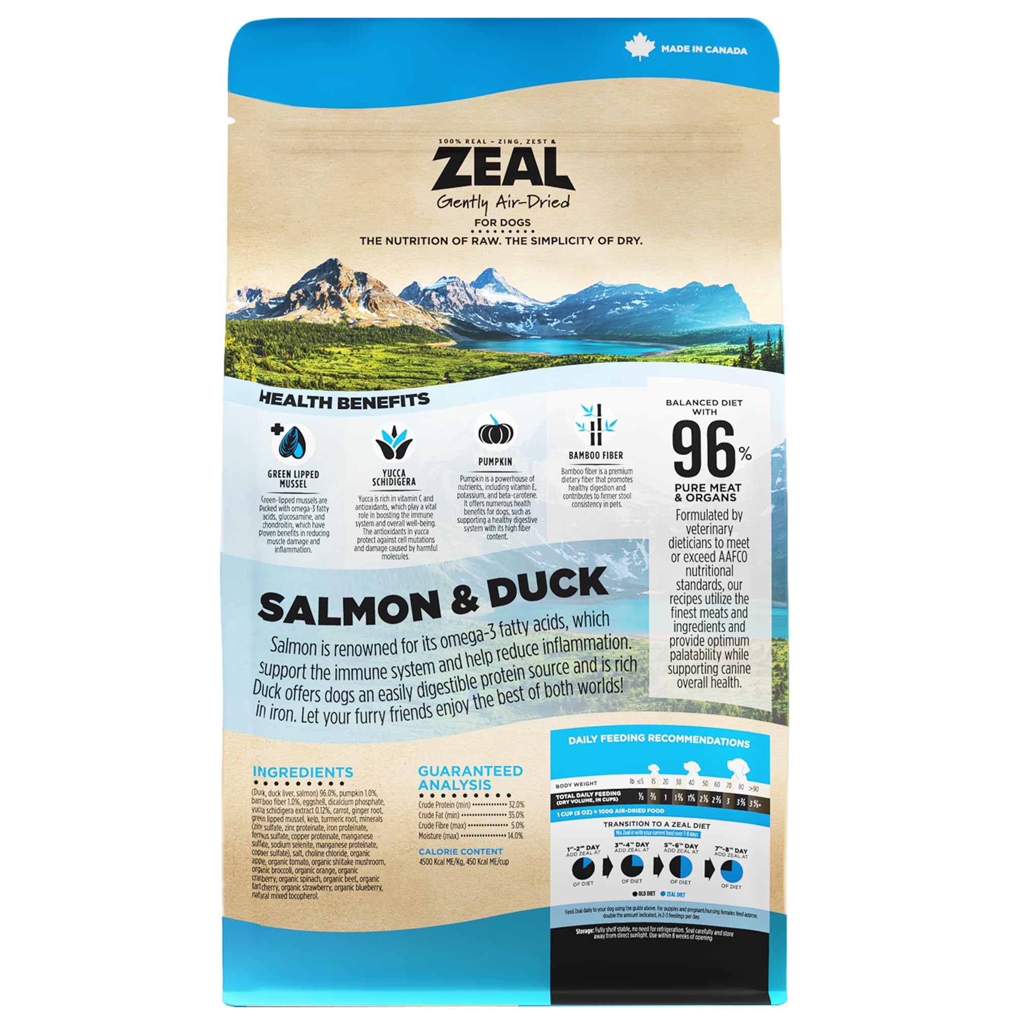 ZEAL CANADÁ etiqueta muestra nutrientes claves para una dieta balanceada.