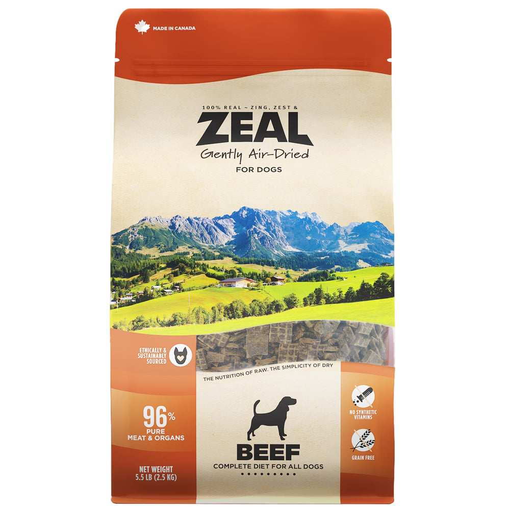 ZEAL carne seca al aire para perros, proteína alta para músculos y energía.