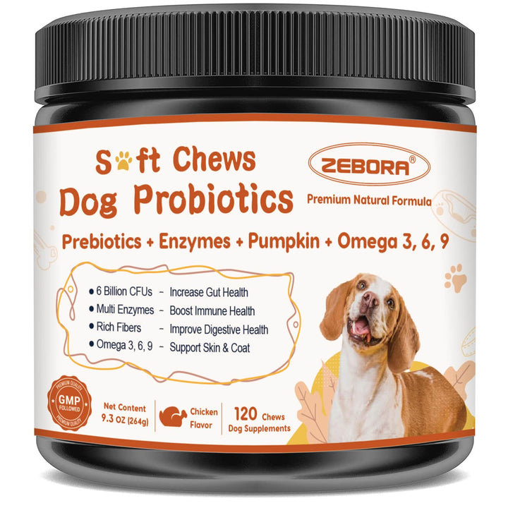ZEBORA probióticos para perros, bote de pastillas suaves para apoyo digestivo diario