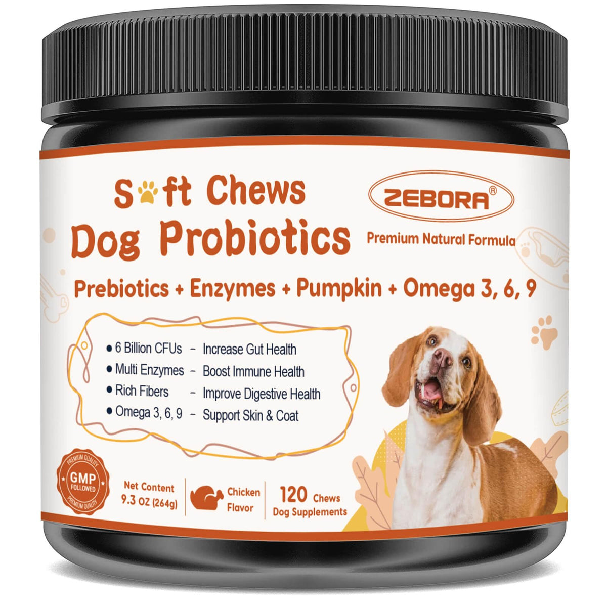 ZEBORA probióticos para perros, bote de pastillas suaves para apoyo digestivo diario