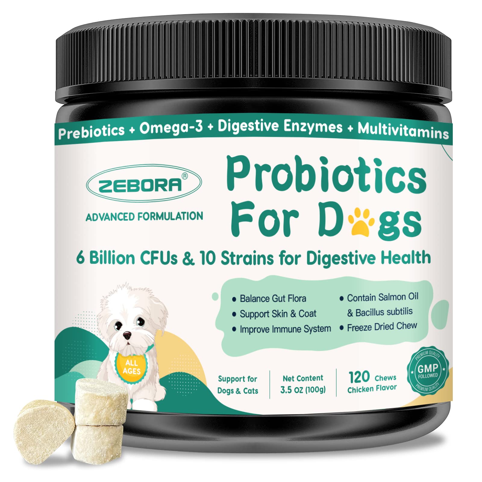 Probióticos Zebora para perros en bocados, apoyo digestivo suave tras la comida.
