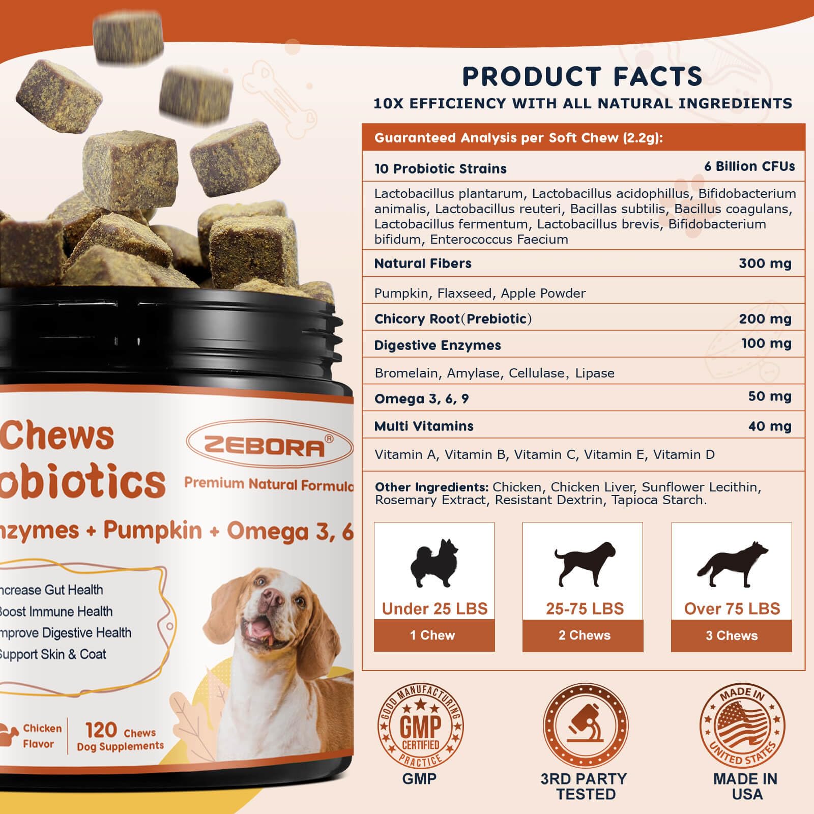 ZEBORA probióticos para perros, sabor pollo con hígado para mayor aceptación