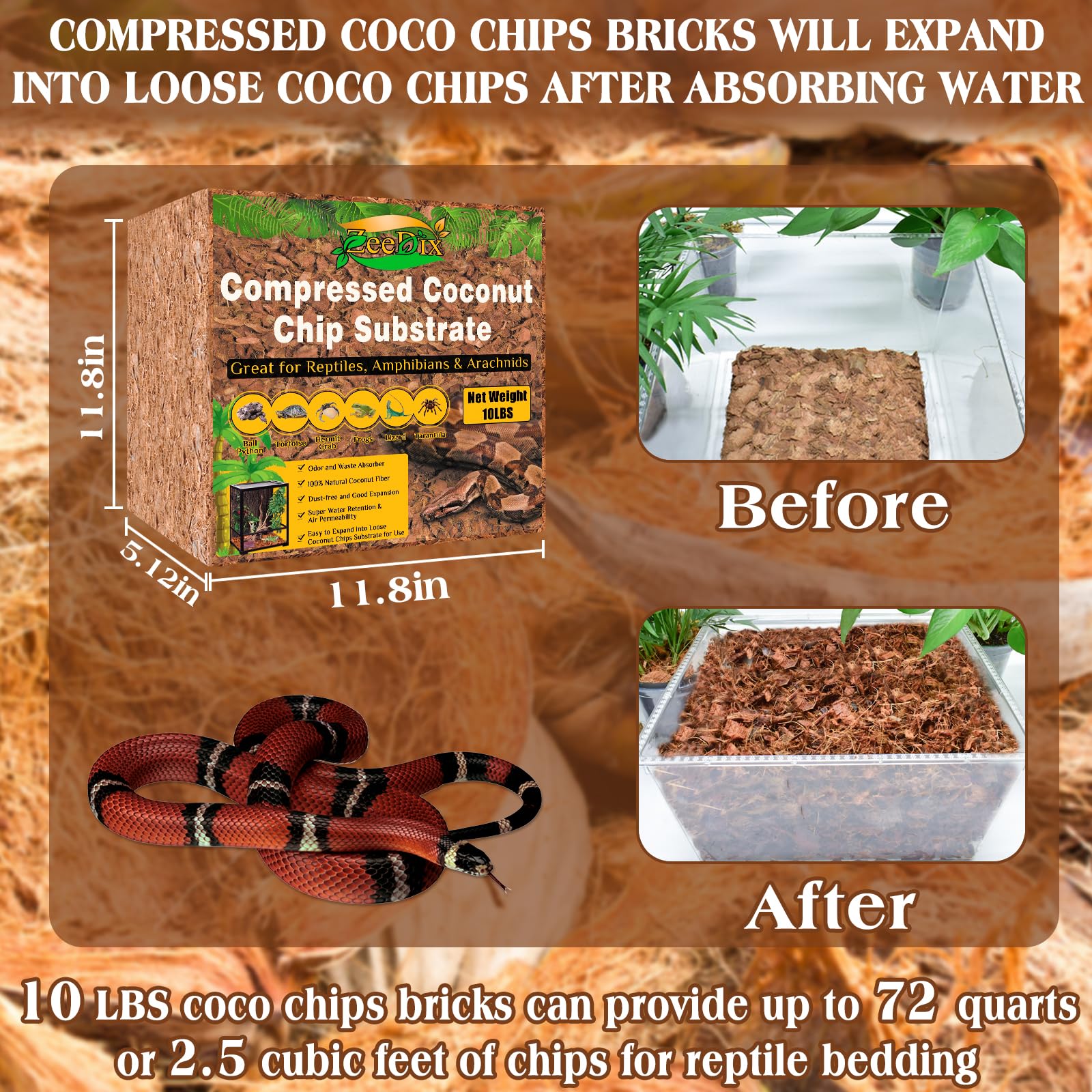 ZeeDix cascarilla coco substrato reptiles suave para humedad natural.