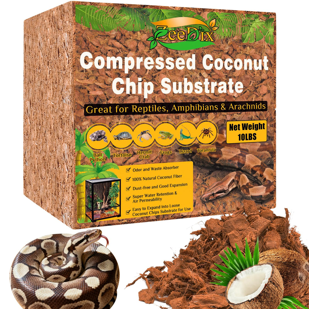 ZeeDix chips coco substrato reptiles compactados para terrarios, humedad estable y limpieza diaria.
